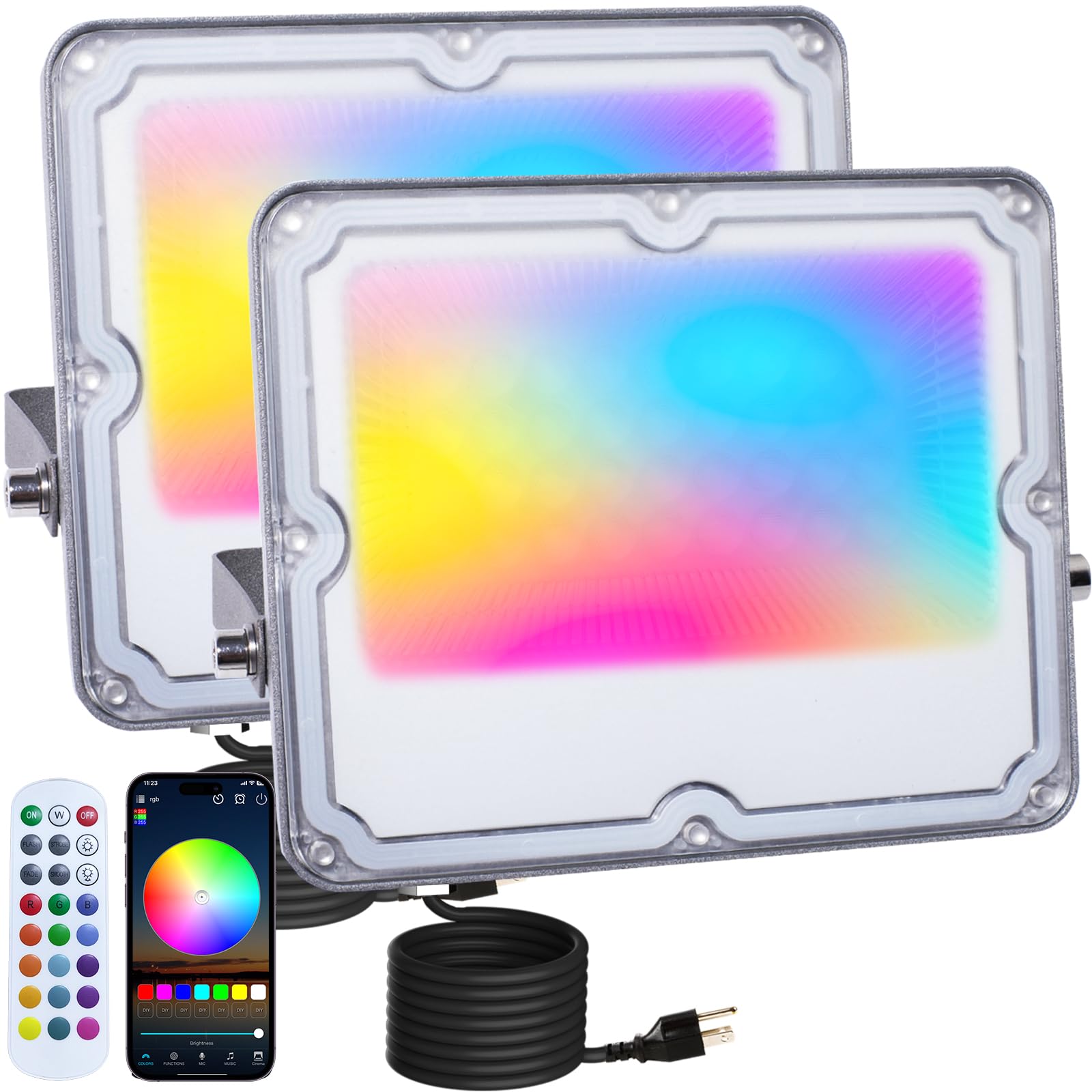 MEEKBOS RGB LED Flood Lights 30W, Bluetooth/App Control, IP66 Waterproof, 3000LM, 16 Million Colors, 2-Pack, Gray