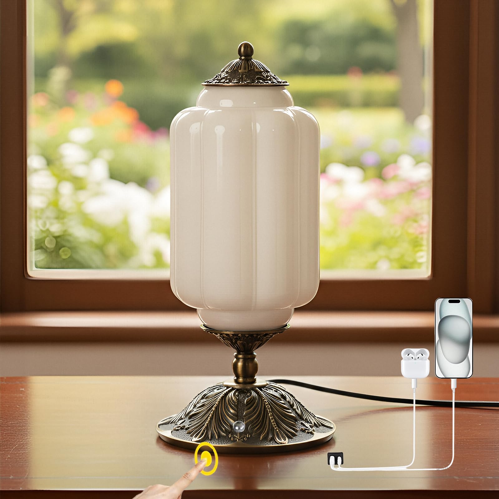 YESIDS Vintage Touch Bedside Table Lamp  Elegant Milk White Glass Desk Lamp 3 Way Dimmable with USB C+A Charging Ports - Bedroom Nightstand & Living Room Essential (Vintage White  6.5)