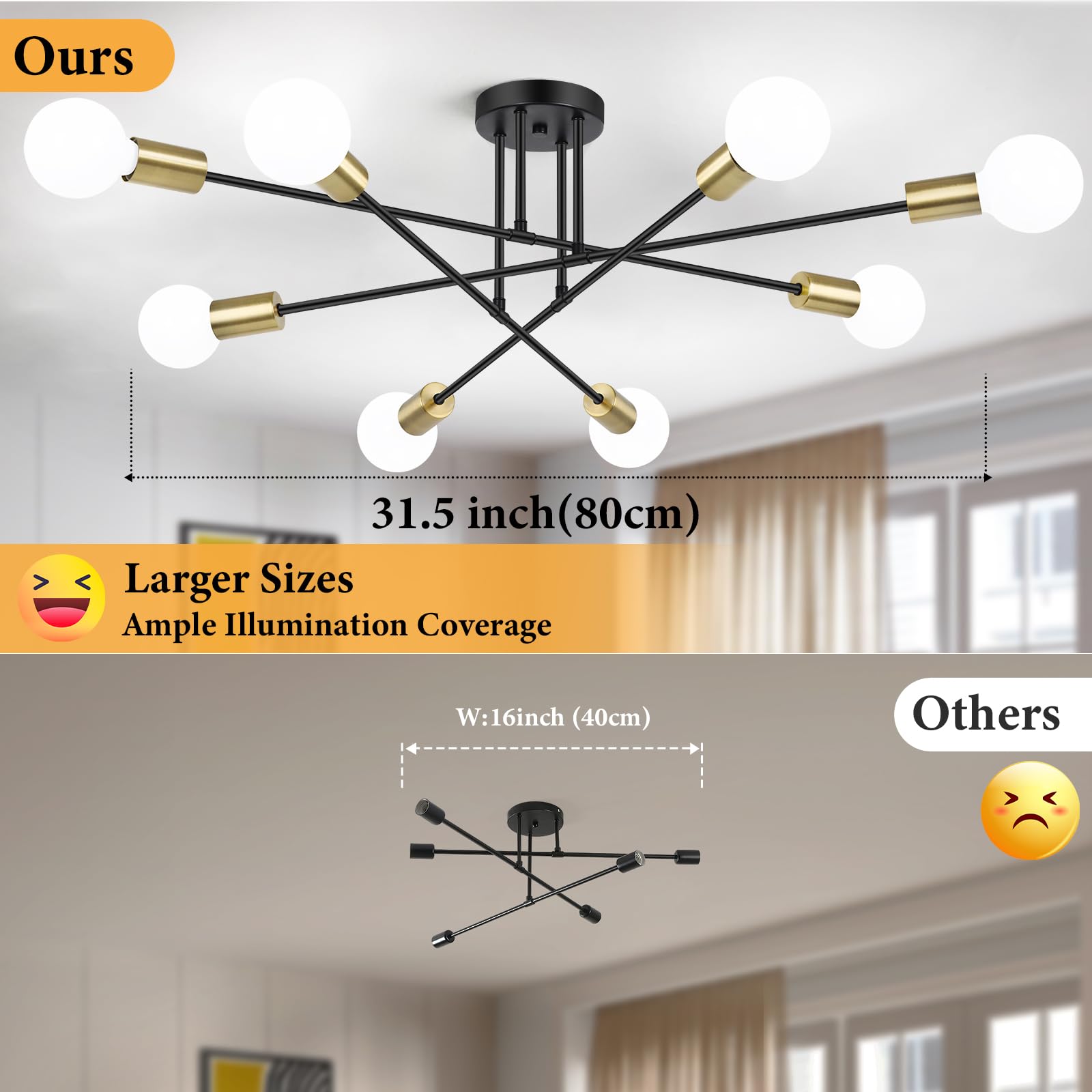 Modern Sputnik Chandelier 8-Light Industrial Ceiling Lights Fixture 32'' Black Semi Flush Mount Ceiling Light With E26 Base Sput