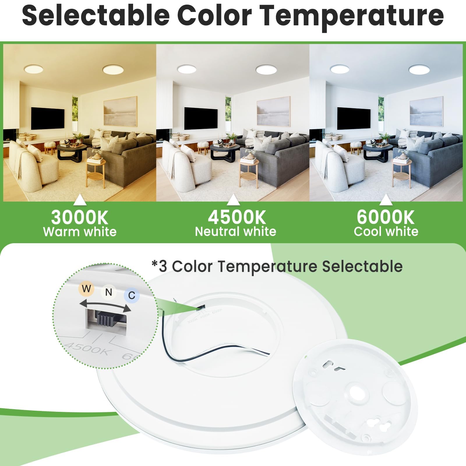 Zemty Flush Mount Ceiling Light 9Inch 24W 2400Lm Flat Led Lighting Fixture For Ceiling - 3000K 4500K 6000K Selectable - Super Th