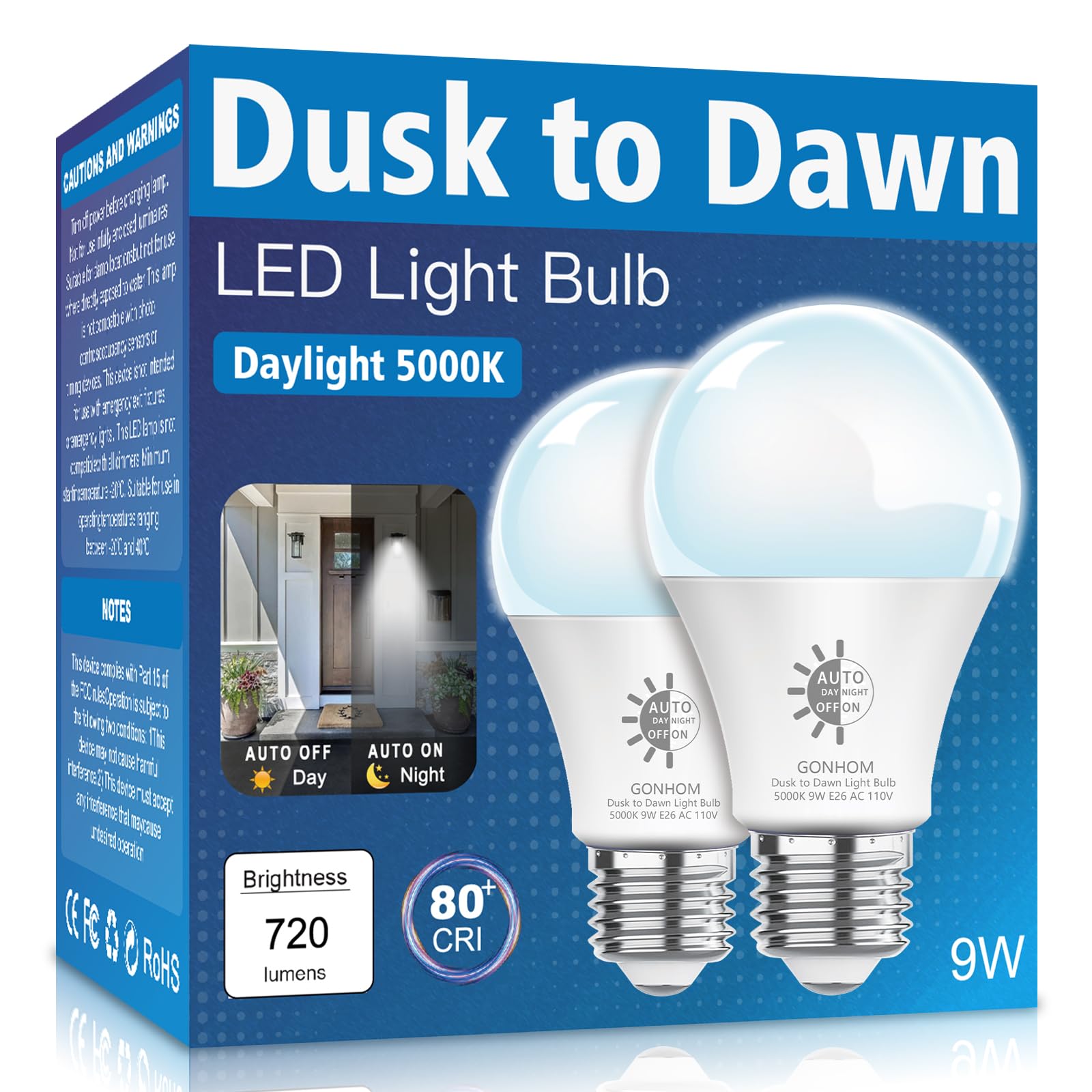 Gonhom 2 Pack Dusk To Dawn Light Bulbs Outdoor, 5000K-Daylight, 720Lm, 9W(60W Equivalent) A19 E26 Automatic On/Off Led Light Bul