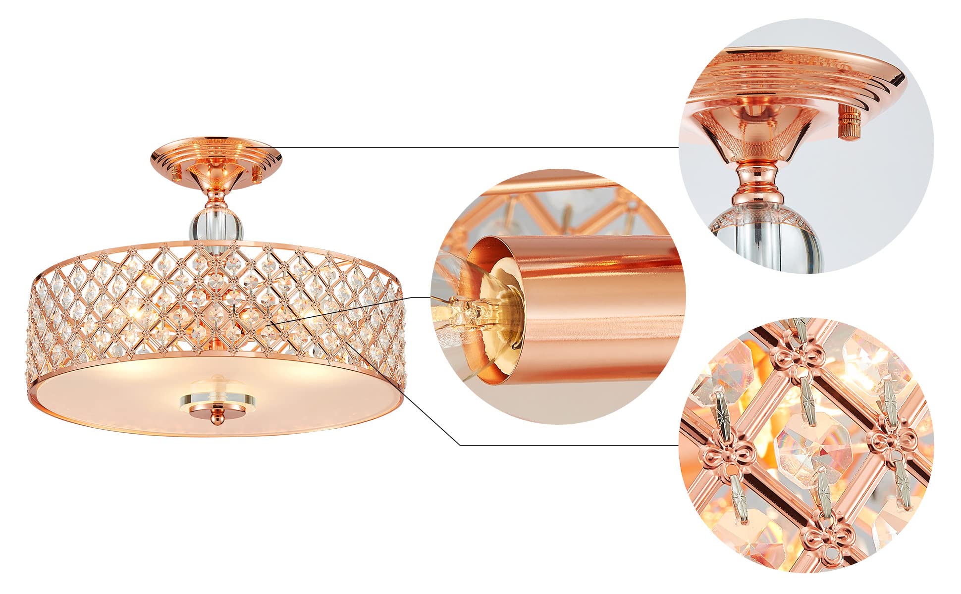 SM Saint Mossi 3-Light Semi Flush Mount Chandelier, Modern K9 Crystal, Rose Gold Finish, H11 x D15.4, Model SM-DY-22021-CA