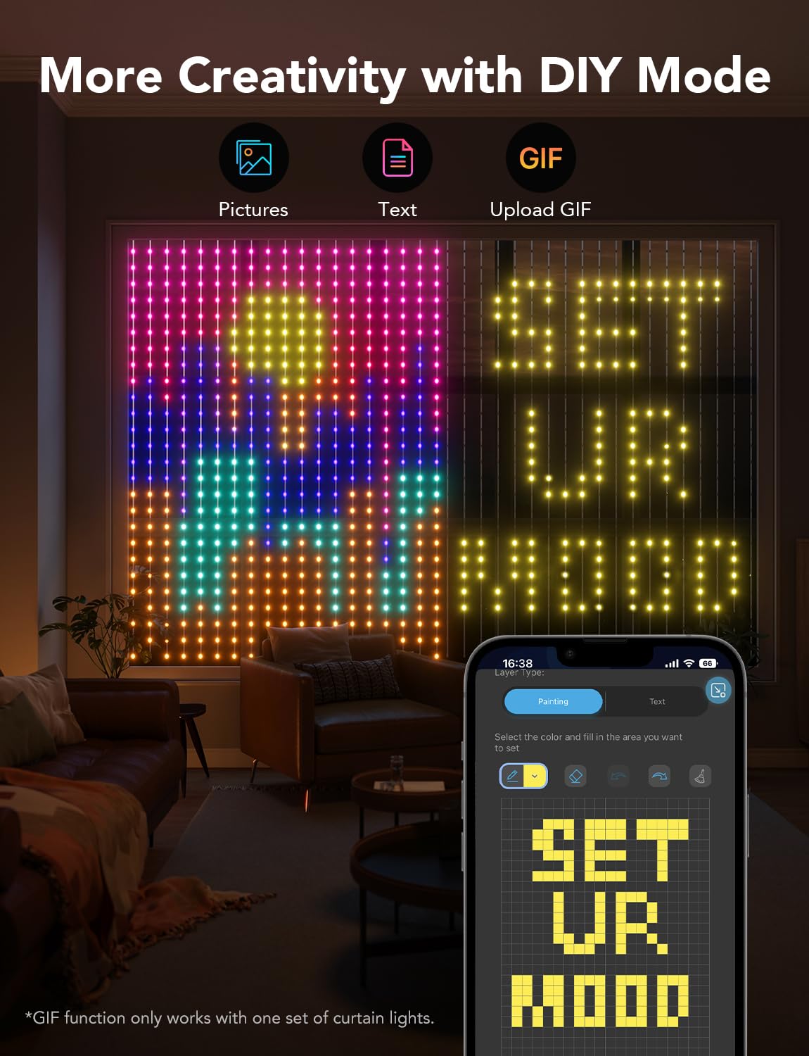 Govee Smart LED Curtain Lights, RGB Color Changing, 5x6.6ft, Waterproof, 520 RGBIC LEDs, 2 Pack, White, Model H70B1