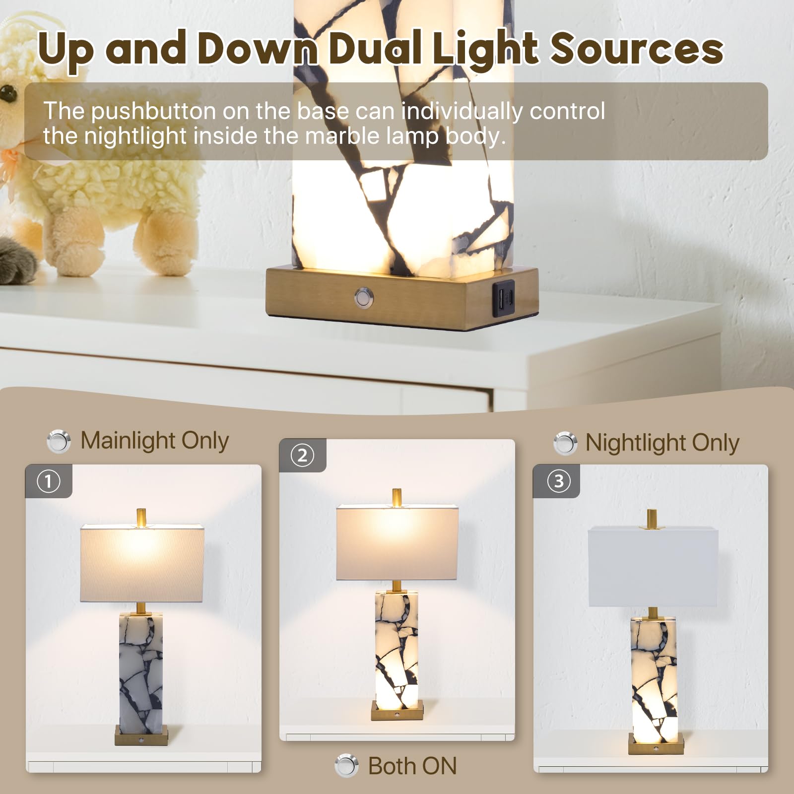 Vallerico Natural Marble Table Lamps Set of 2 - Alabaster with Nightlight, USB Ports, Gold - Ideal for Bedroom or Living Room, Bulbs Included