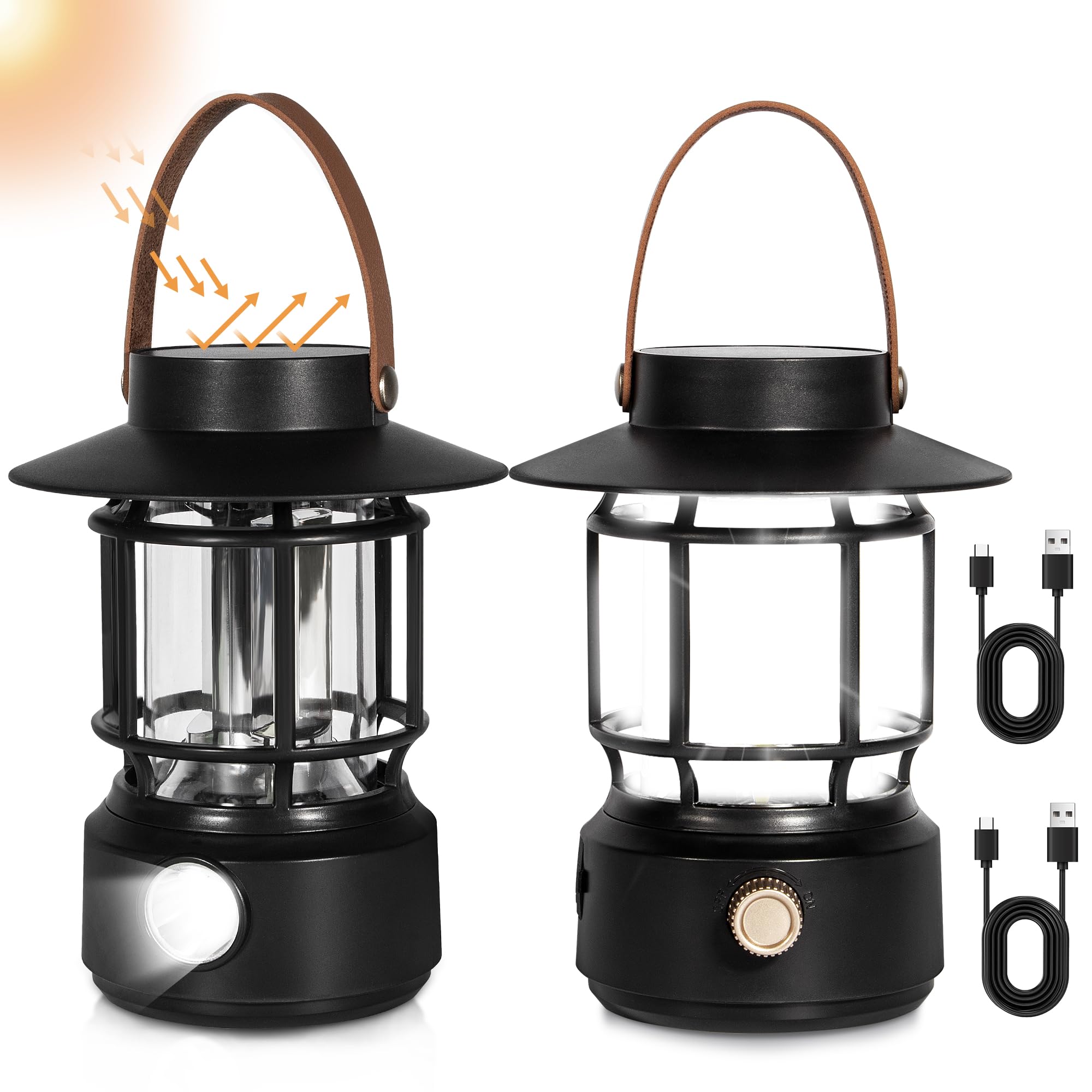 Led Camping Lantern 2 Pack, 1000LM, Solar Lantern Rechargeable Camping Lights with Side Flashlights for Emergencies, IPX5 Waterp
