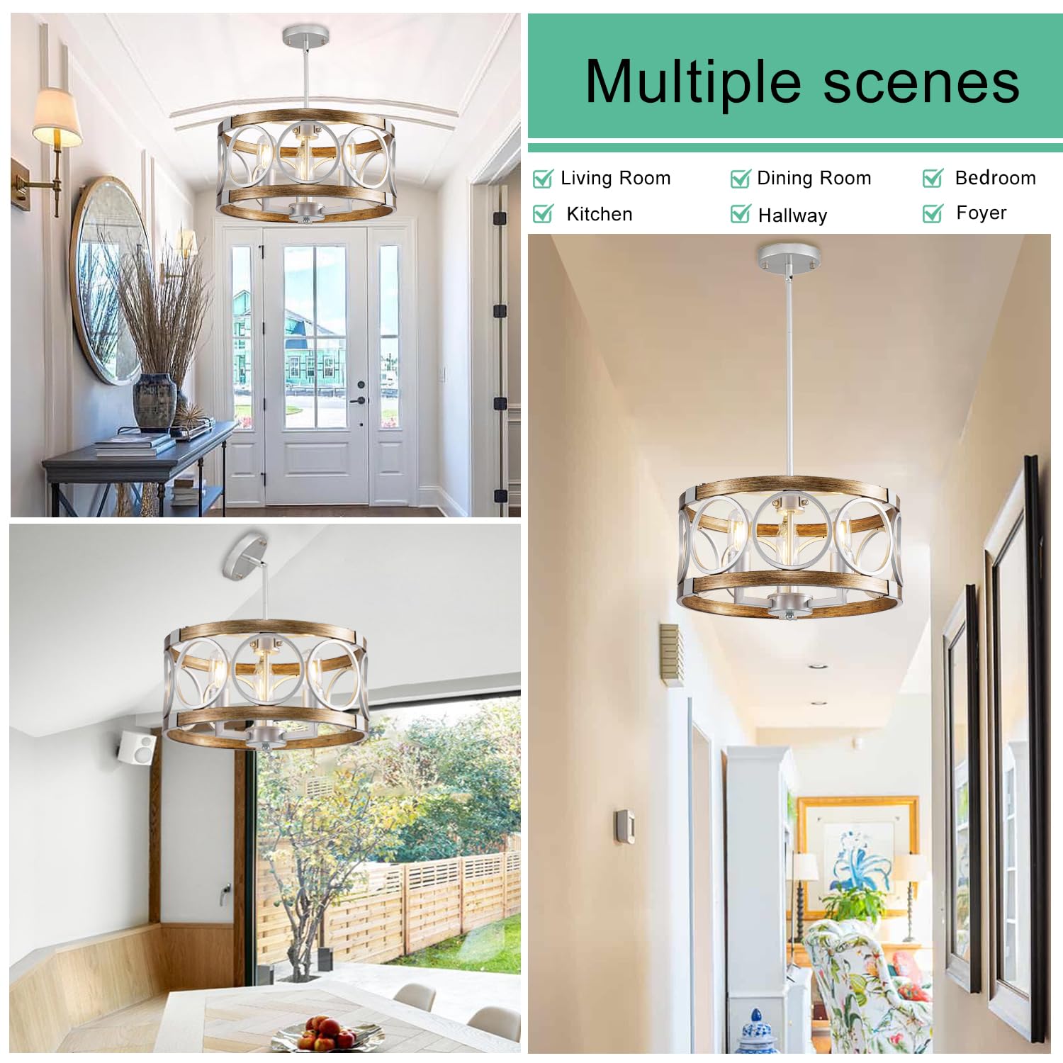Shiandar 15.7'' Drum Chandelier, 3-Light Adjustable Height Round Dining Roomchandeliers, Silver Light Fixture Ceiling Mount Wood Grain Finish, Farmhouse Ceiling Light Fixture For Hallway