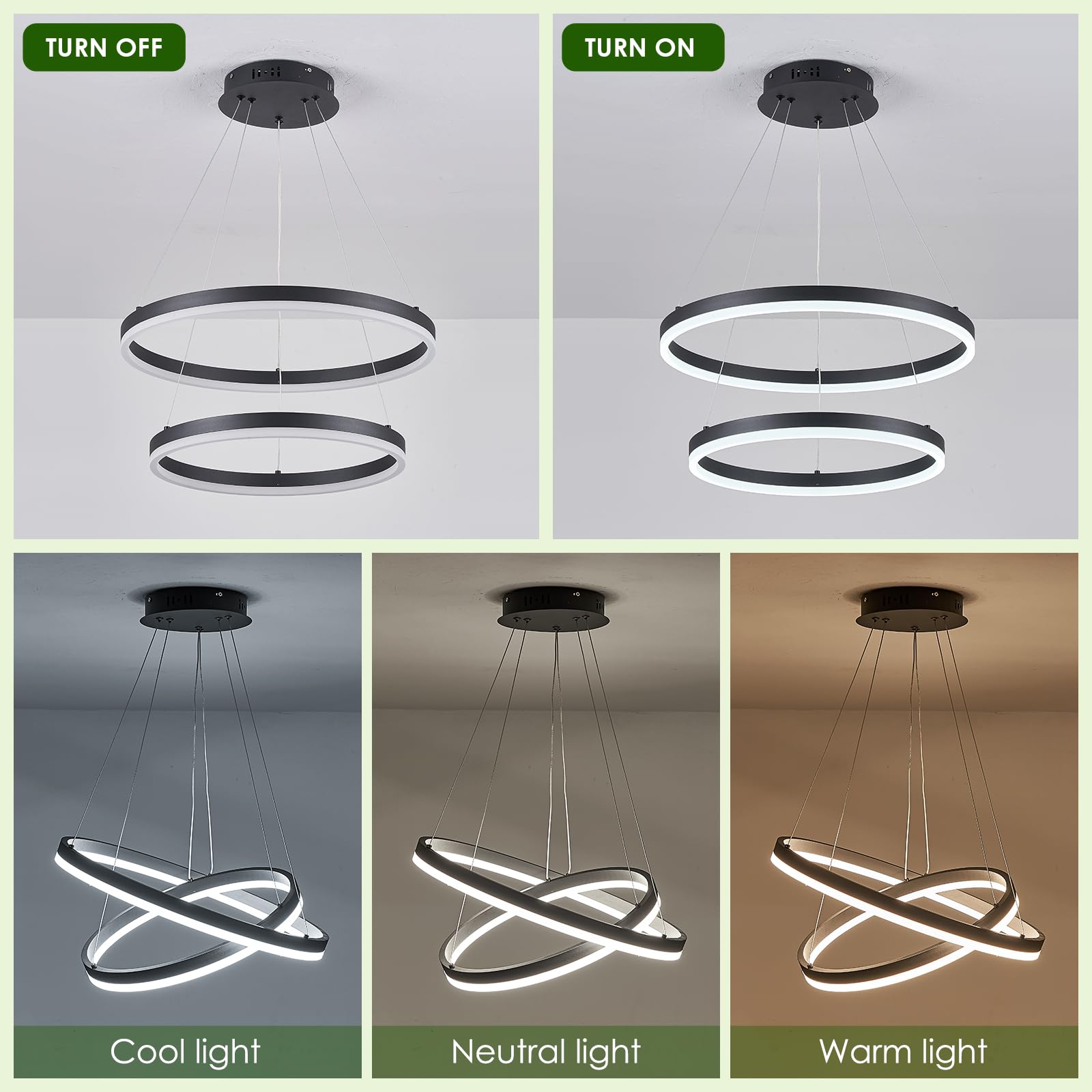 Benkut 2-Rings Modern LED Chandelier, Dimmable Ceiling Light, Remote Control, Black, 3000K-6500K for Dining Room & Living Room