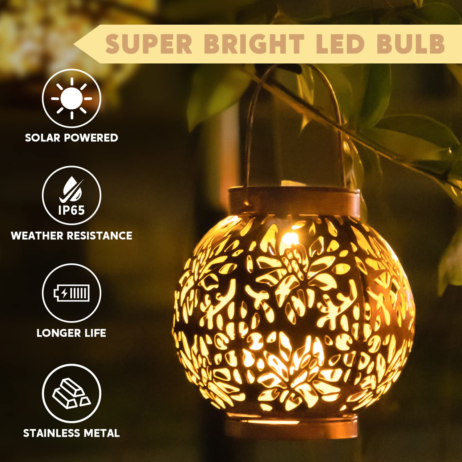 Joiedomi Solar Hanging Lanterns - 2 Pack Waterproof LED Metal Lights, Bronze Decorative Garden Lighting for Patio, Lawn, Porch, Backyard