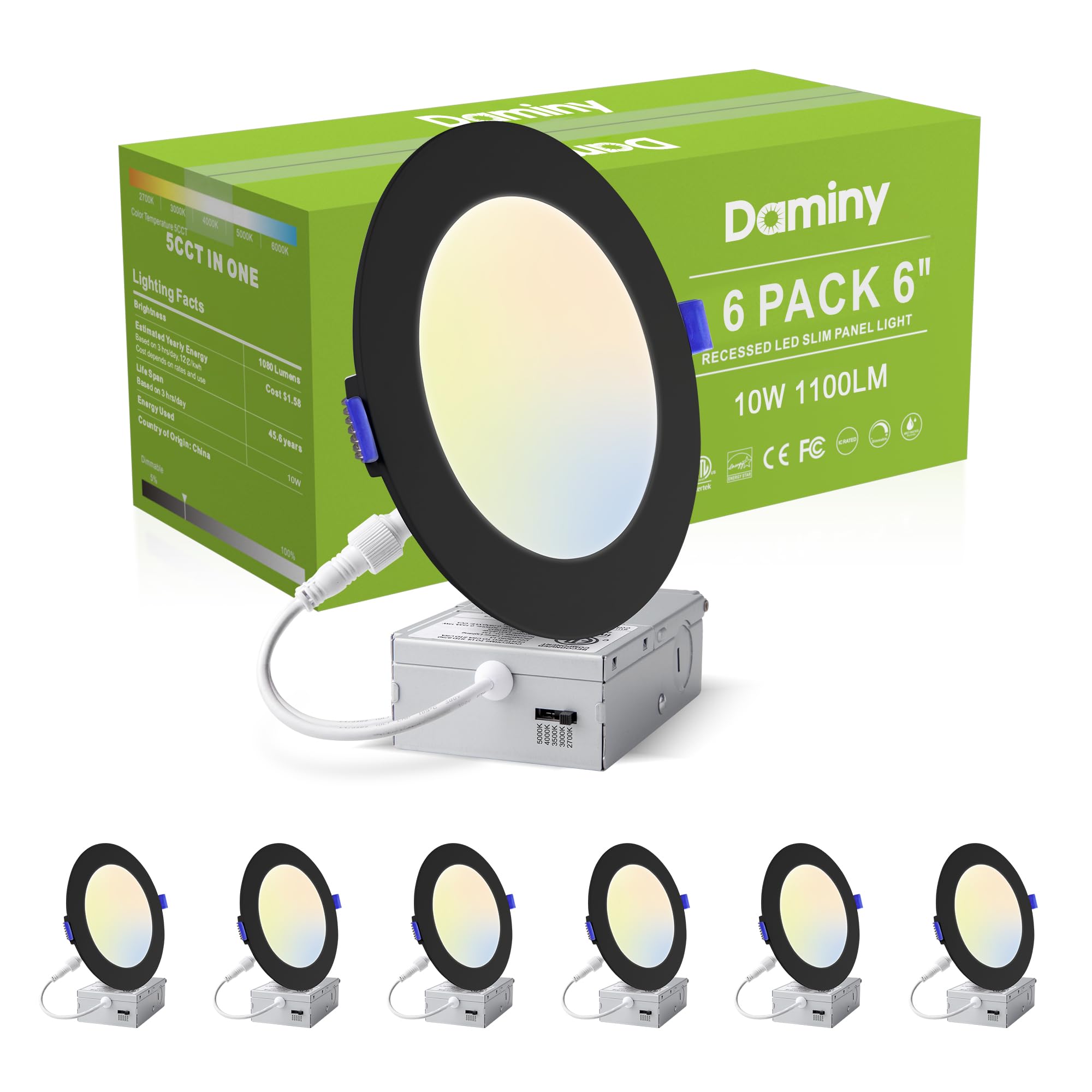 Daminy 6 Pack 6 Inch Black Led Recessed Lighting With Junction Box 5Cct Ultra-Thin Recessed Light 10W 1100Lm  Dimmable Canless Wafer Ceiling Light High Brightness - Etl