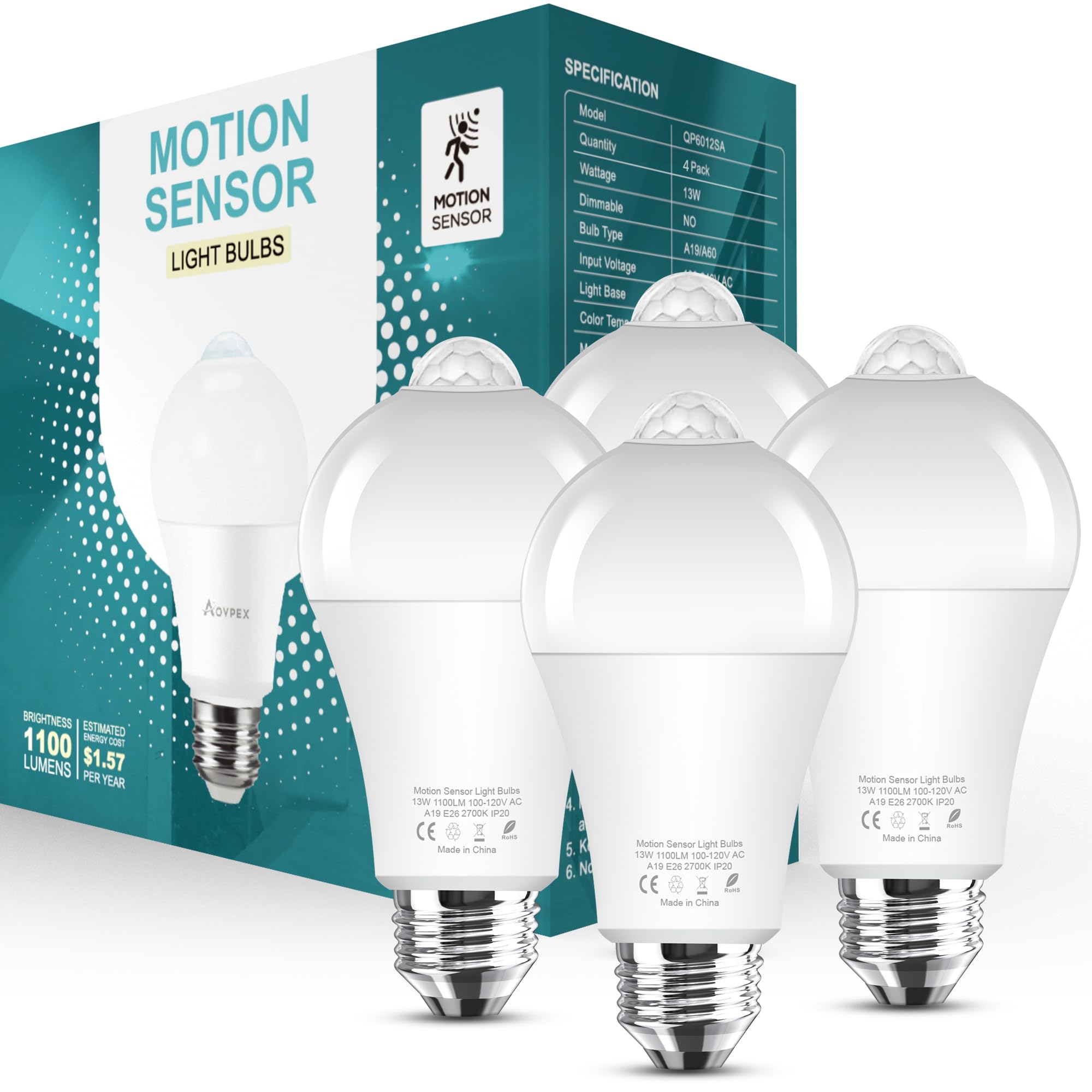 Aovpex Motion Sensor Light Bulbs Dusk To Dawn 13W 100W Equivalent 1100Lm Movement Activated Security Led Light Bulb 2700K Warm W