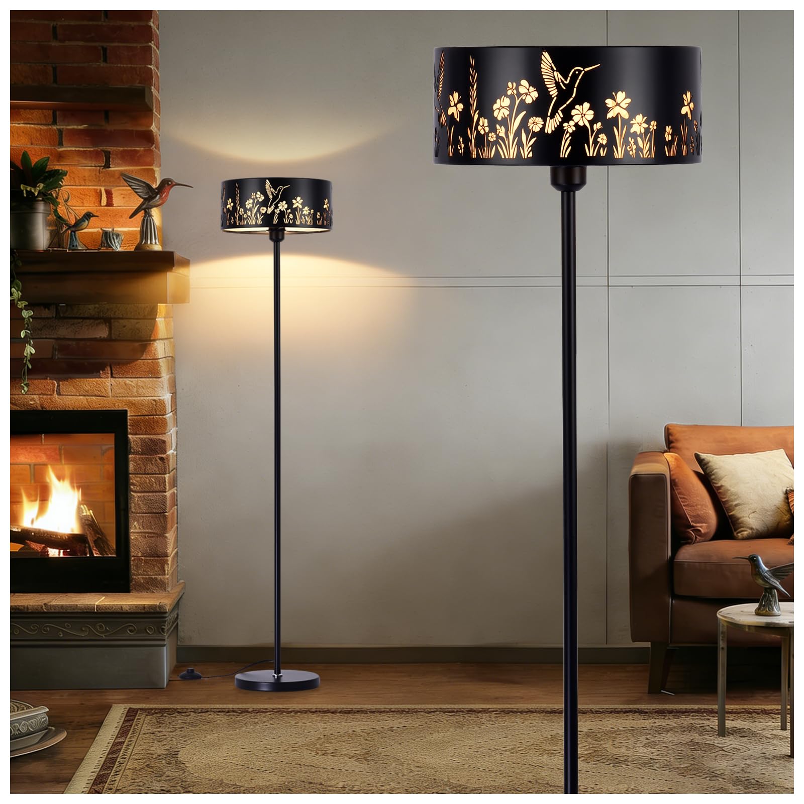 SendaLife Farmhouse Floor Lamp,Hummingbird Floral Black Metal Drum Shade,57.67 Unique Rustic Standing Light for Living Room,Bedr