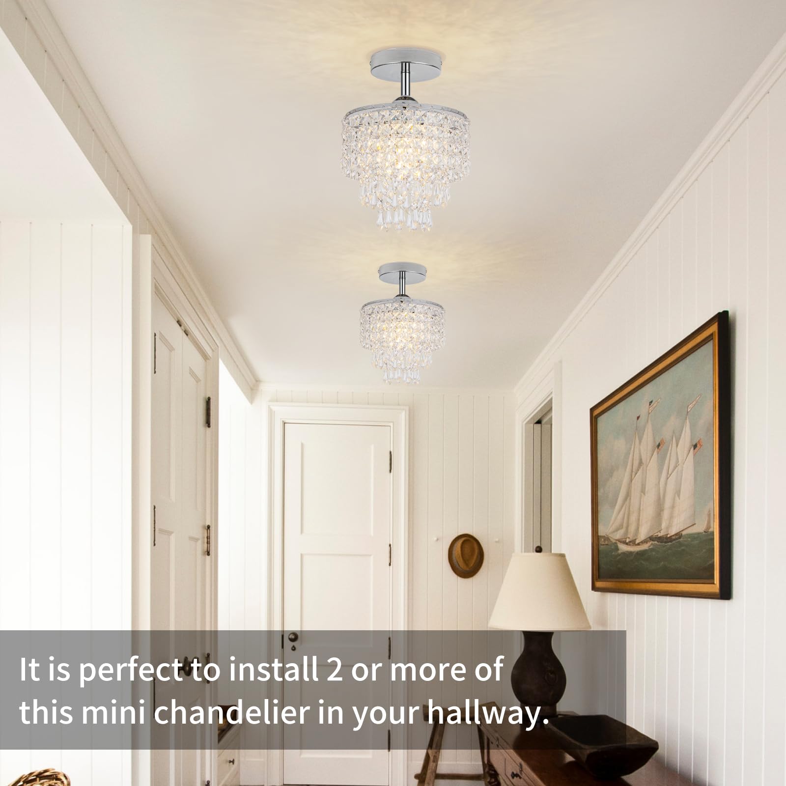 Hongnuofc 8'' Mini Crystal Chandelier 3-Tier Crystal Raindrop Semi Flush Mount Ceiling Light Fixture Small Chandelier For Bedroo
