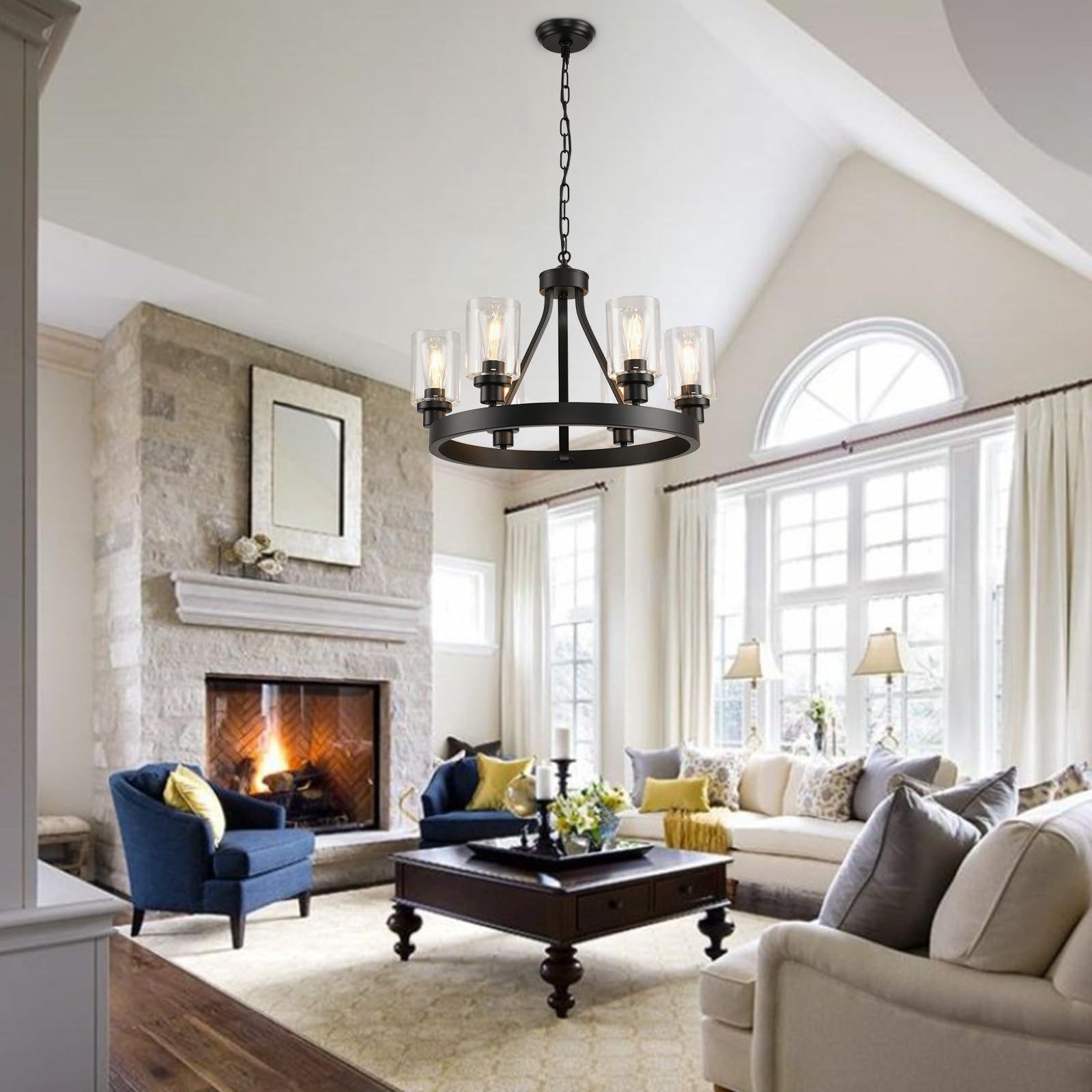 D24'' Black Wagon Wheel Chandelier, 6-Light Black Round Farmhouse Chandeliers, Dining Room Light Fixtures Black Industrial Hangi