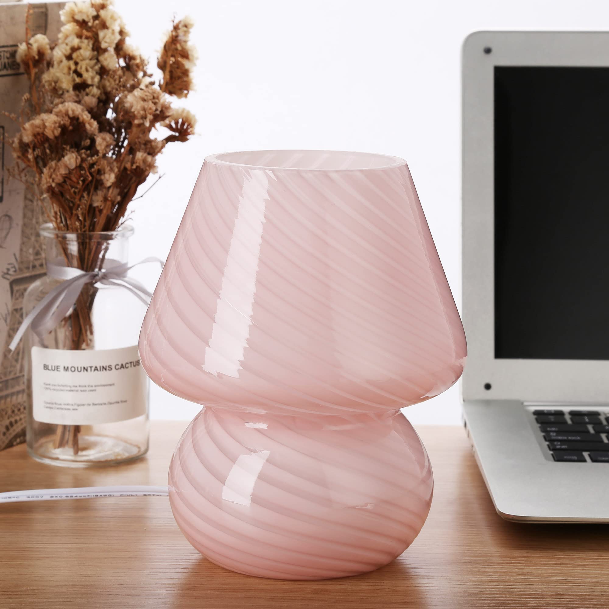 BSOD Glass Mushroom Lamp, Stripe Pink, Cute Small Size, Model Bsod-SW-Lamps007, Vintage Style Nightstand Light for Home Decor