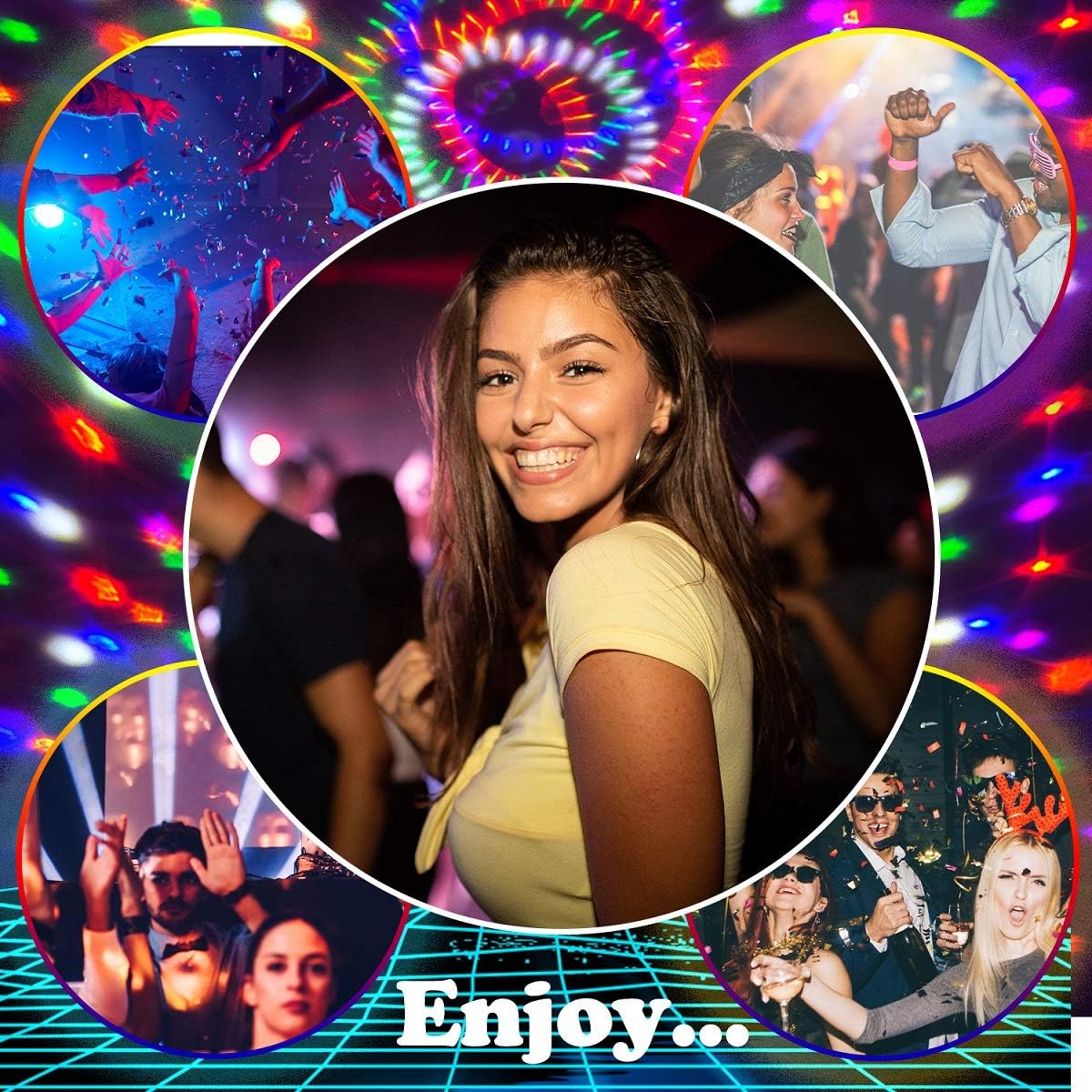 memzuoix Disco Ball Party Lights DJ Strobe Light, 6 Colors, Sound Activated, Remote Control, 7 Inch, Black, Model L-T03