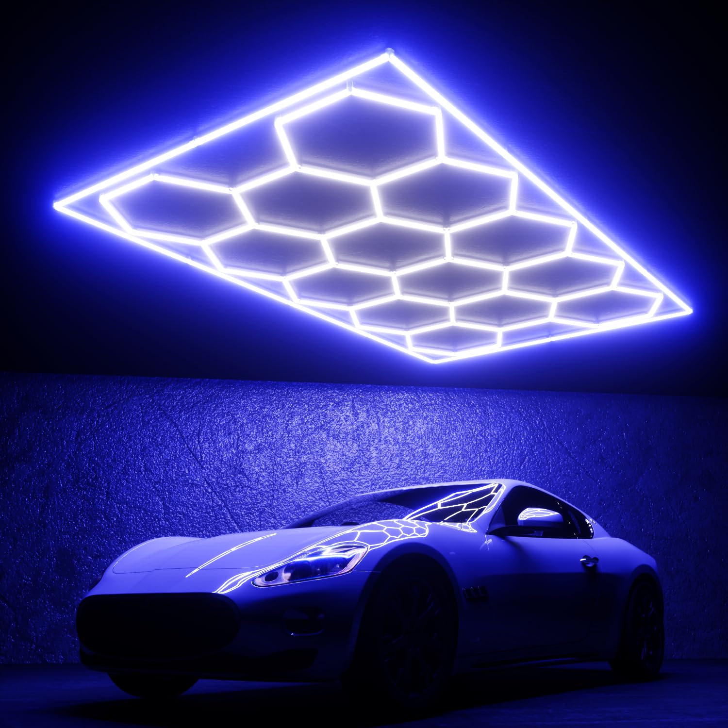 Litezone Hexagon Garage Lights  14 Grids Hexagon LED Lights with Rectangle Frame  603W 6500K Super Bright Honeycomb Light for Warehouse  Car Detailing Shop  Exhibition Hall  Gym(Blue)