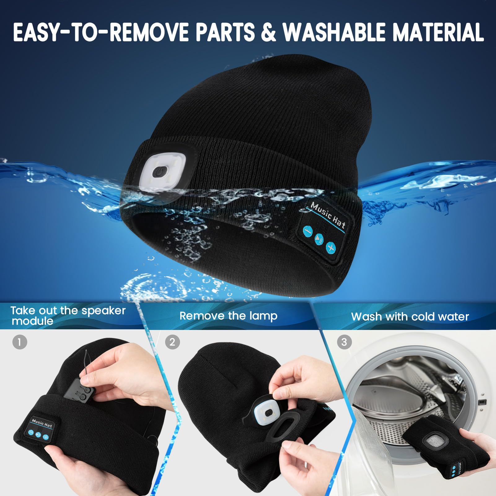 VIB high-standard Bluetooth Beanie Hat with USB Rechargeable LED Light, Black, Model VBHL01, 100% Acrylic
