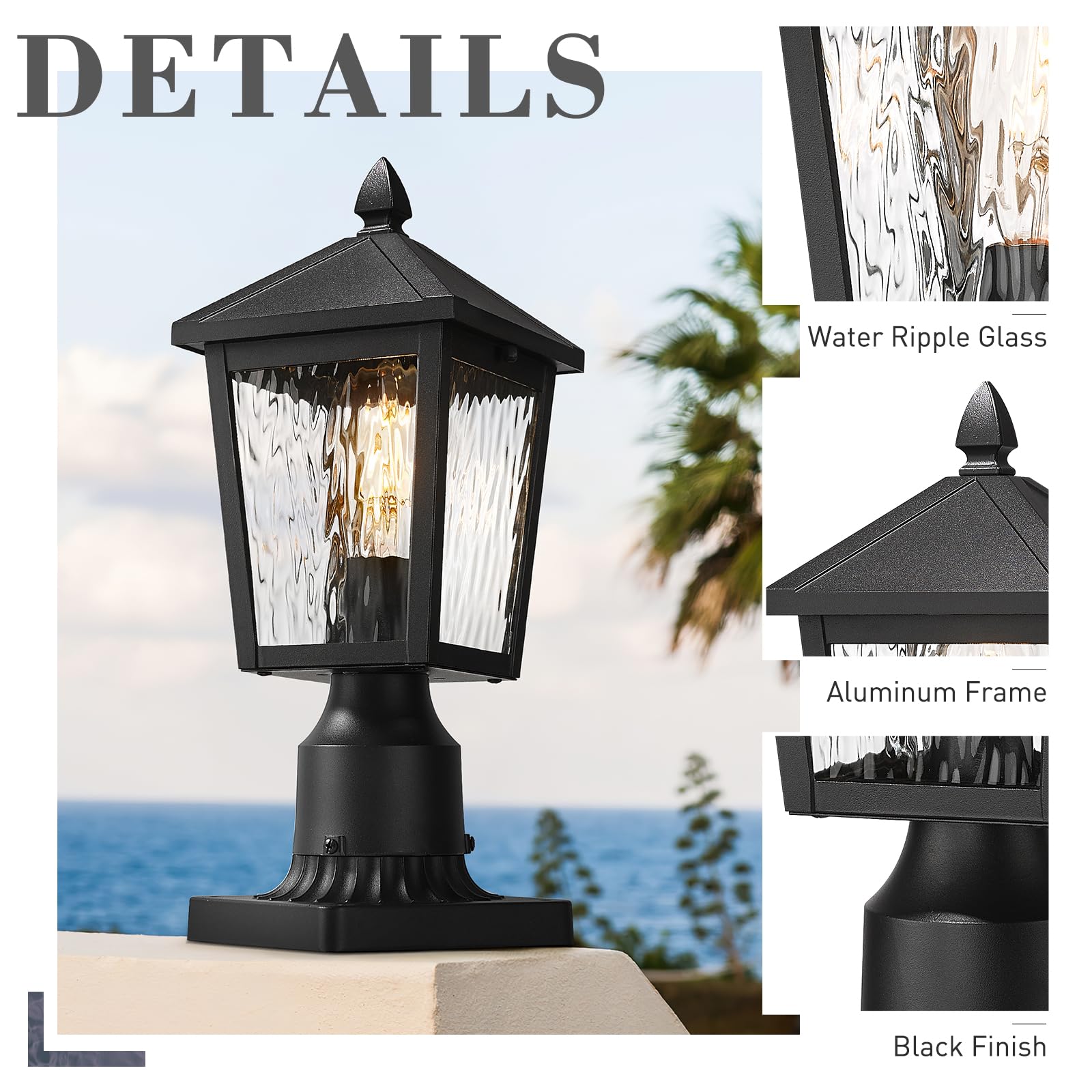 Zeyu 13.6 Inch Outdoor Light Fixture For Post, Exterior Post Light Fixtures For Patio, Die-Cast Aluminum With Water Ripple Glass