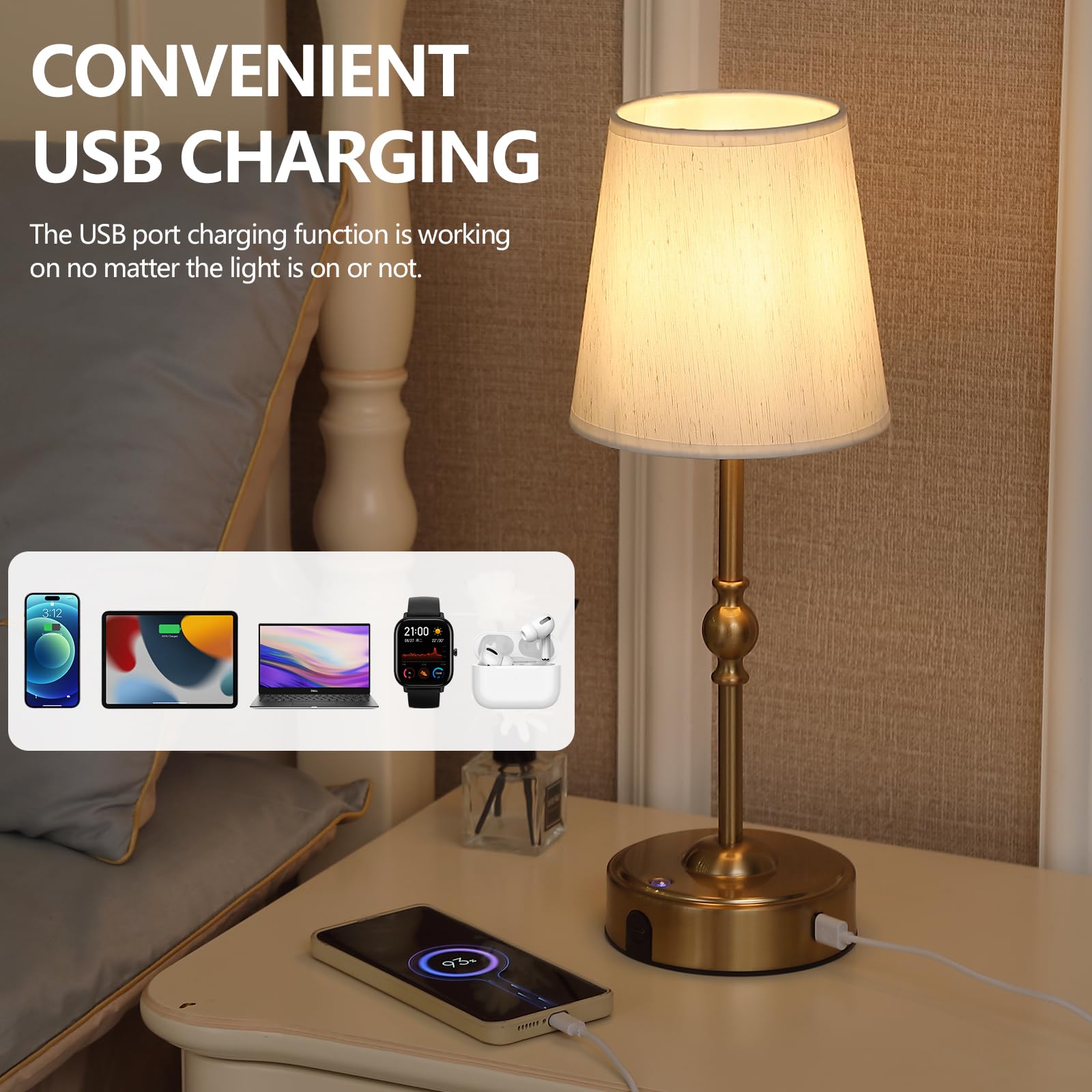 MEIXISUE Cordless LED Table Lamp, Antique Brass, 10000mAh Battery, Small, Model T2501B, Ideal for Bedroom, Balcony, Camping, Home Decor