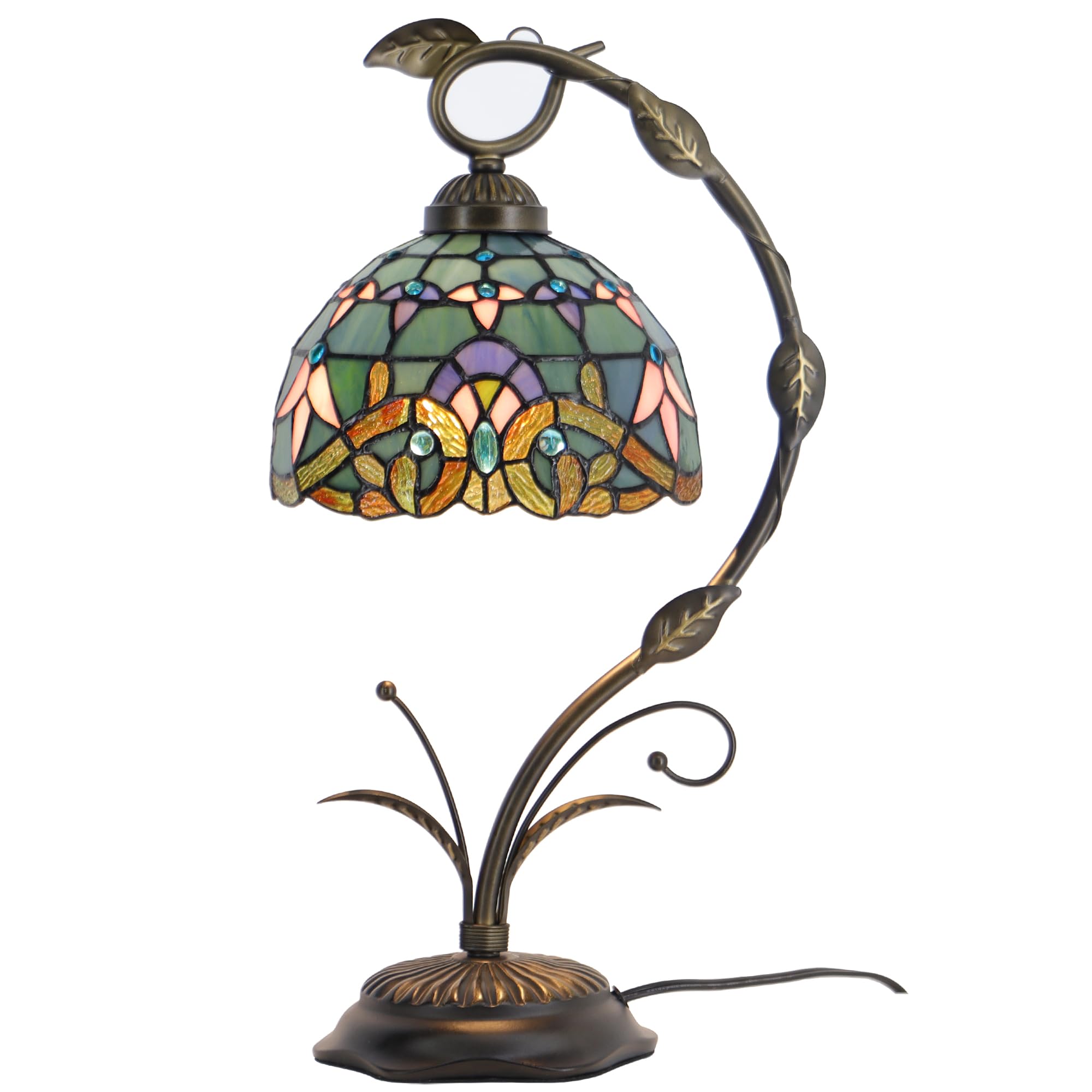 HZYFFYU Tiffany Lamp Stained Glass Table Lamp Metal Leaf Base 8X10X19 Inch Reading Desk Light (Baroque Style)