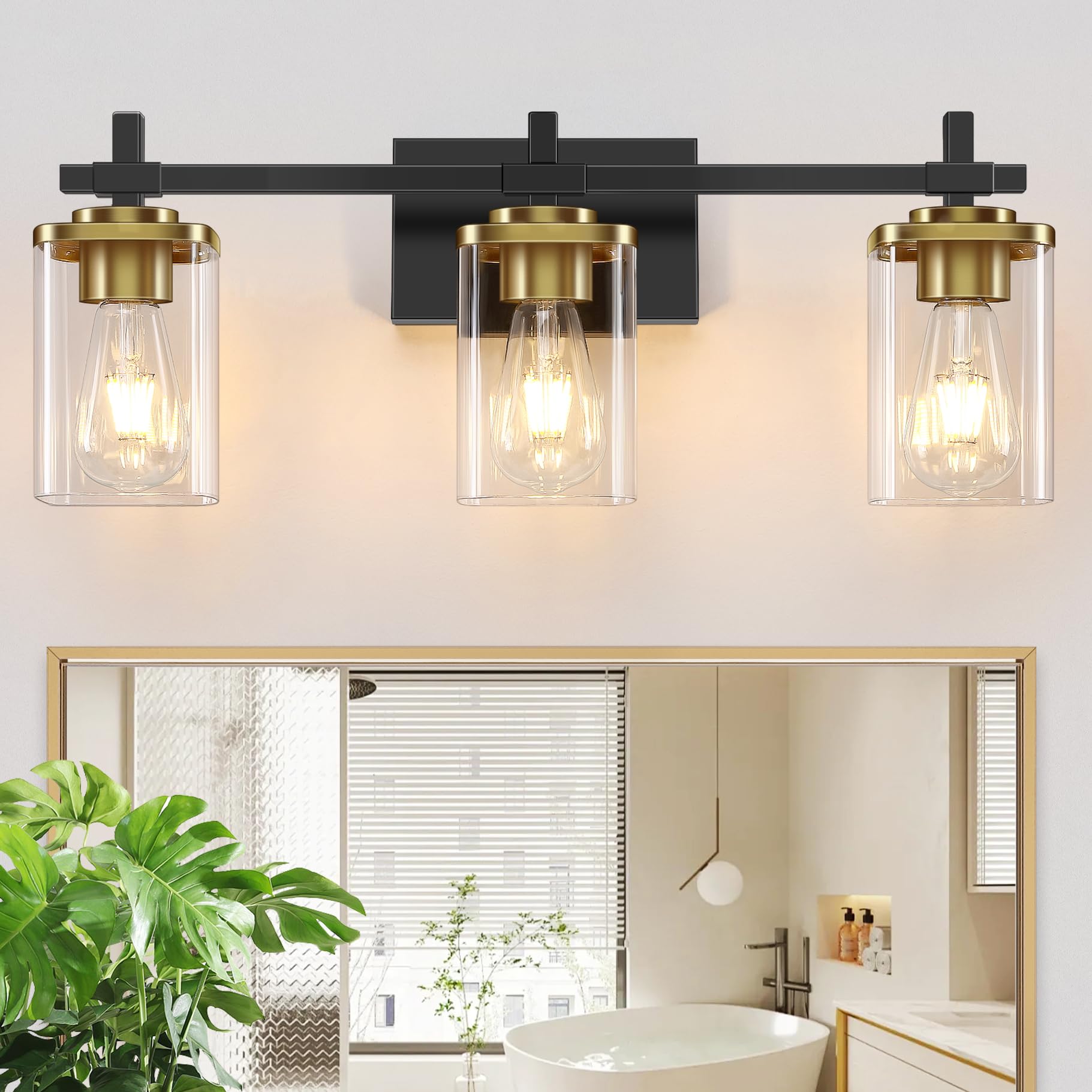Spiglamm 3-Lights Black And Gold Bathroom Light Fixtures Over Mirror, Modern Brushed Gold Vanity Lights For Bathroom, Sconces Wa