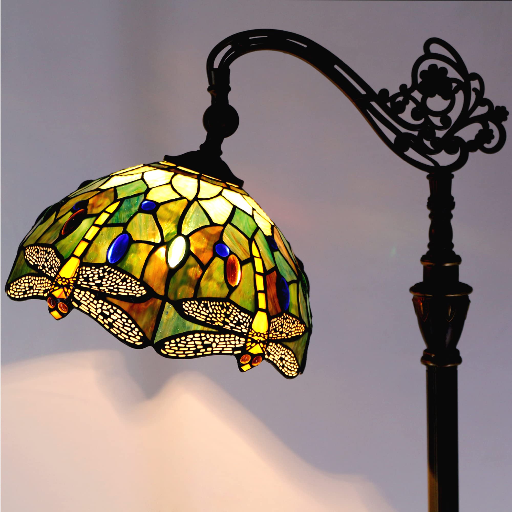 ZJART Tiffany Floor Lamp - Adjustable Arched Gooseneck, Stained Glass, Amber Yellow Dragonfly, 18.88"x12"x67", Model Z04E21F12