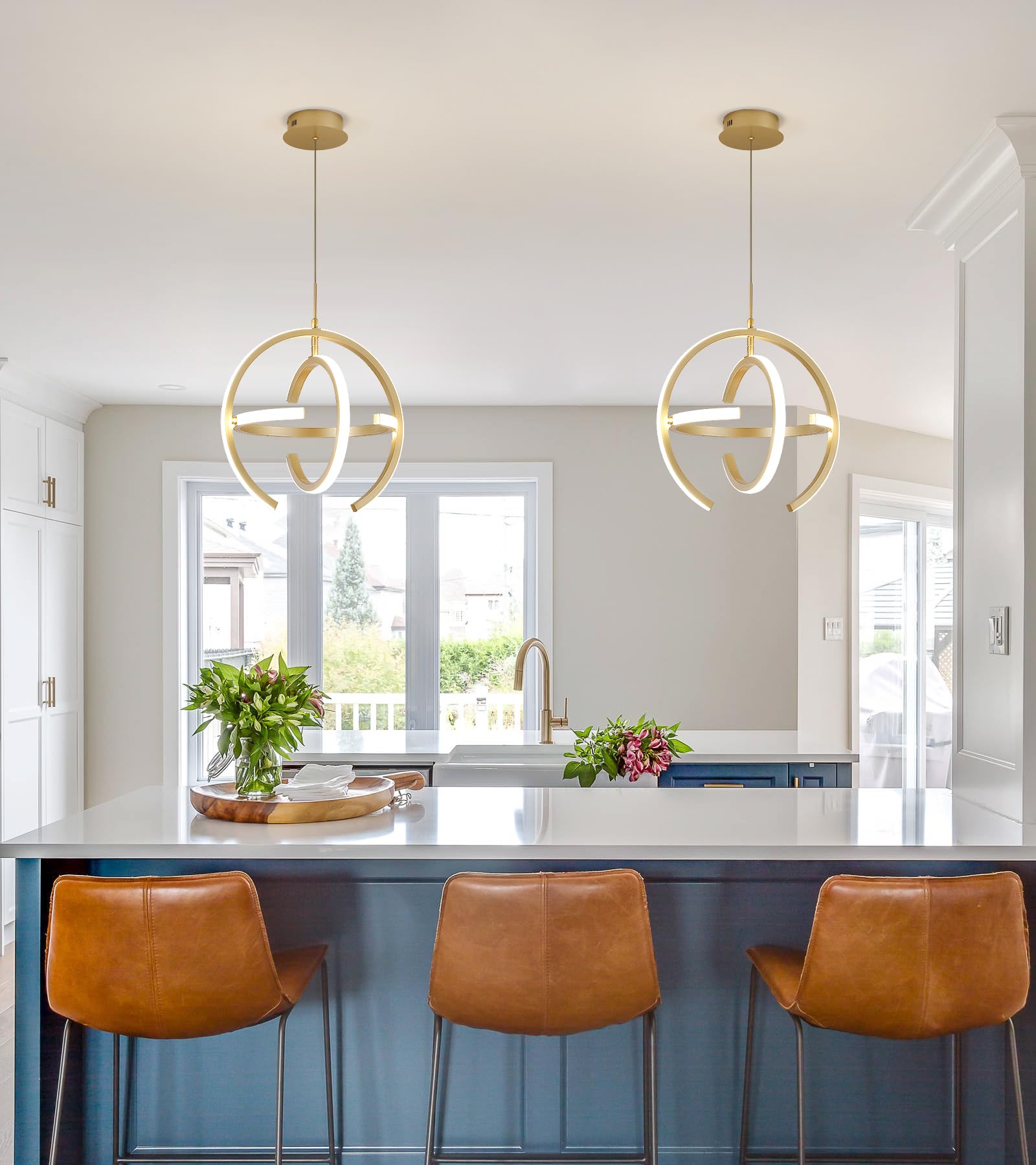 Q&S Modern LED Chandelier, Gold Round Globe Pendant Light, W15", Model P2028-GD for Entryway, Kitchen, Dining Room, Living Room