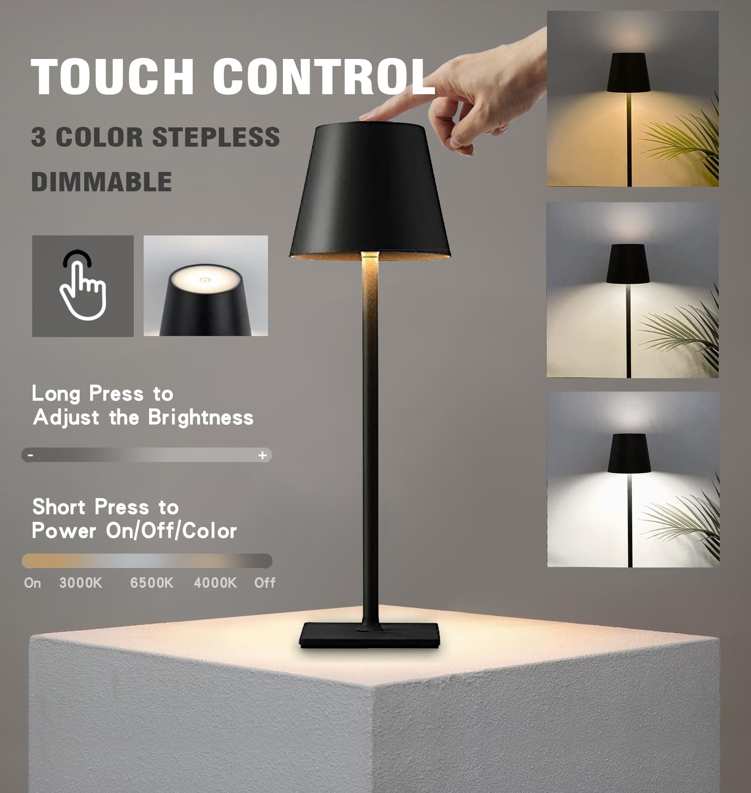 Nerefou Cordless Table Lamp, 5200Mah Battery Operated Lamp,3 Color Stepless Dimming Desk Lamp, Ip54 Waterproof Outdoor Table Lam