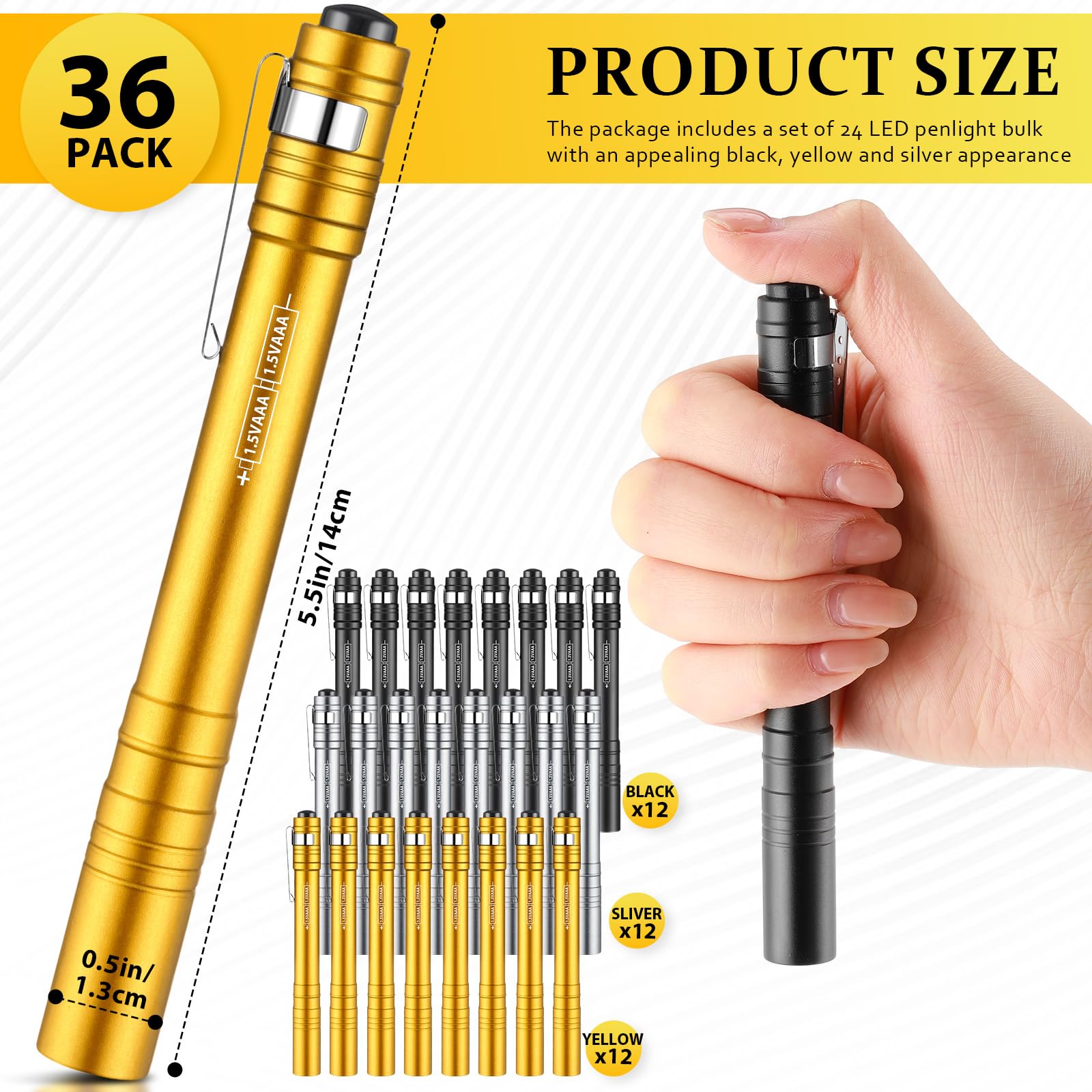 Rossesay Mini Pen Flashlights 36 Pack, LED, Aluminum, Multicolor, Model XUU-Rossesay-2691, Portable for Camping and Hiking