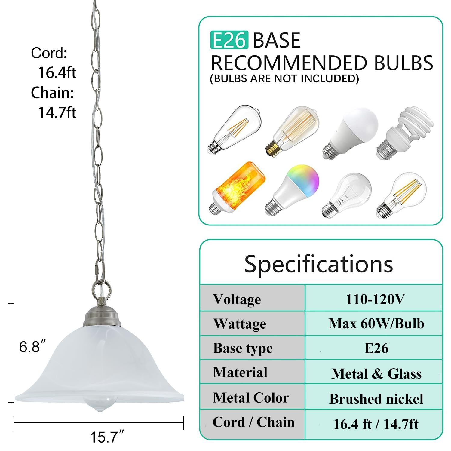 Shengqingtop 15.7&quot; D Alabaster Glass Pendant Light, Dimmable Brushed Nickel With Switch