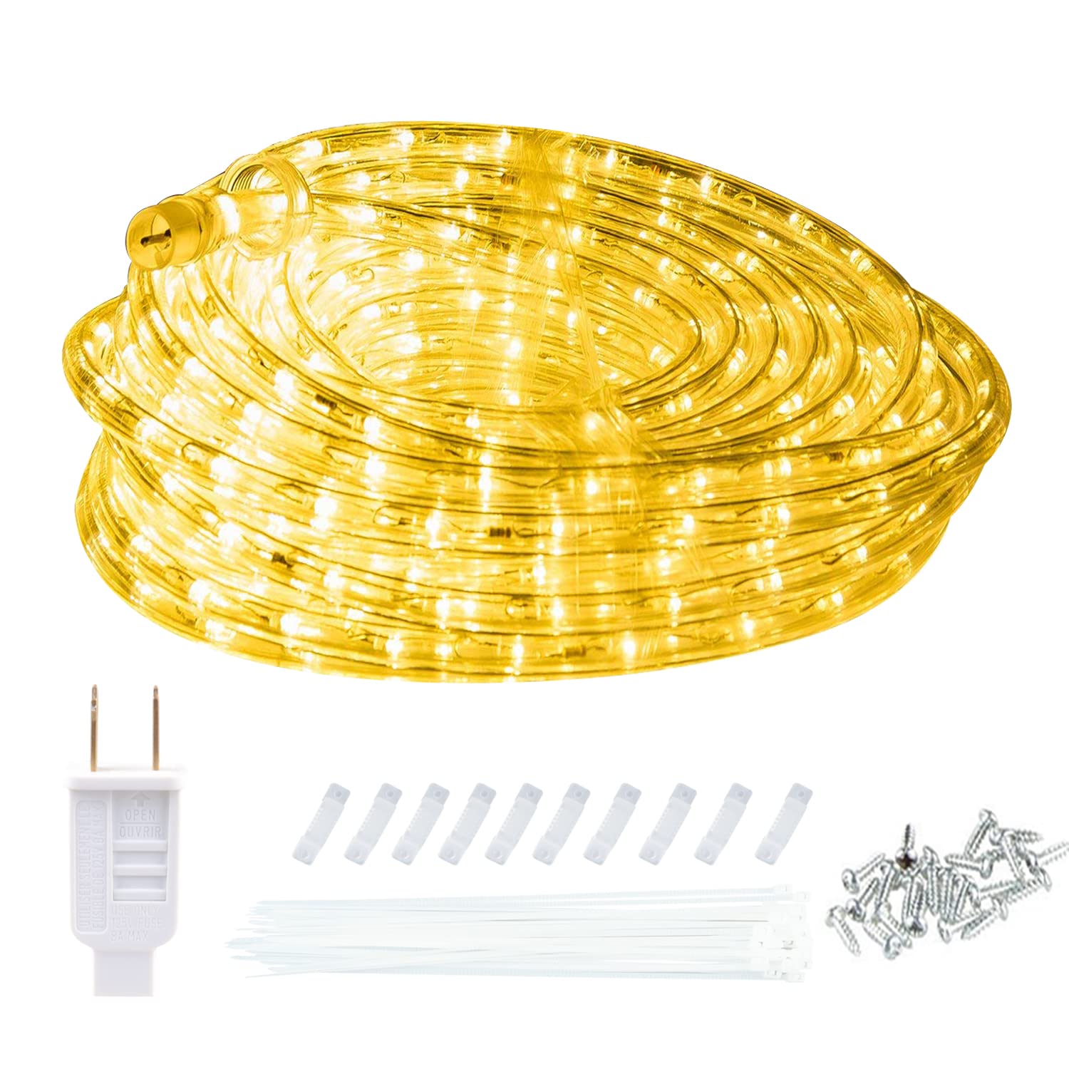 ollrieu 50ft 360 LED Rope Lights, 110V Warm White 3000K, Waterproof Classic Clear Rope, Indoor/Outdoor, Patio, Flexible, Linkable, Durable