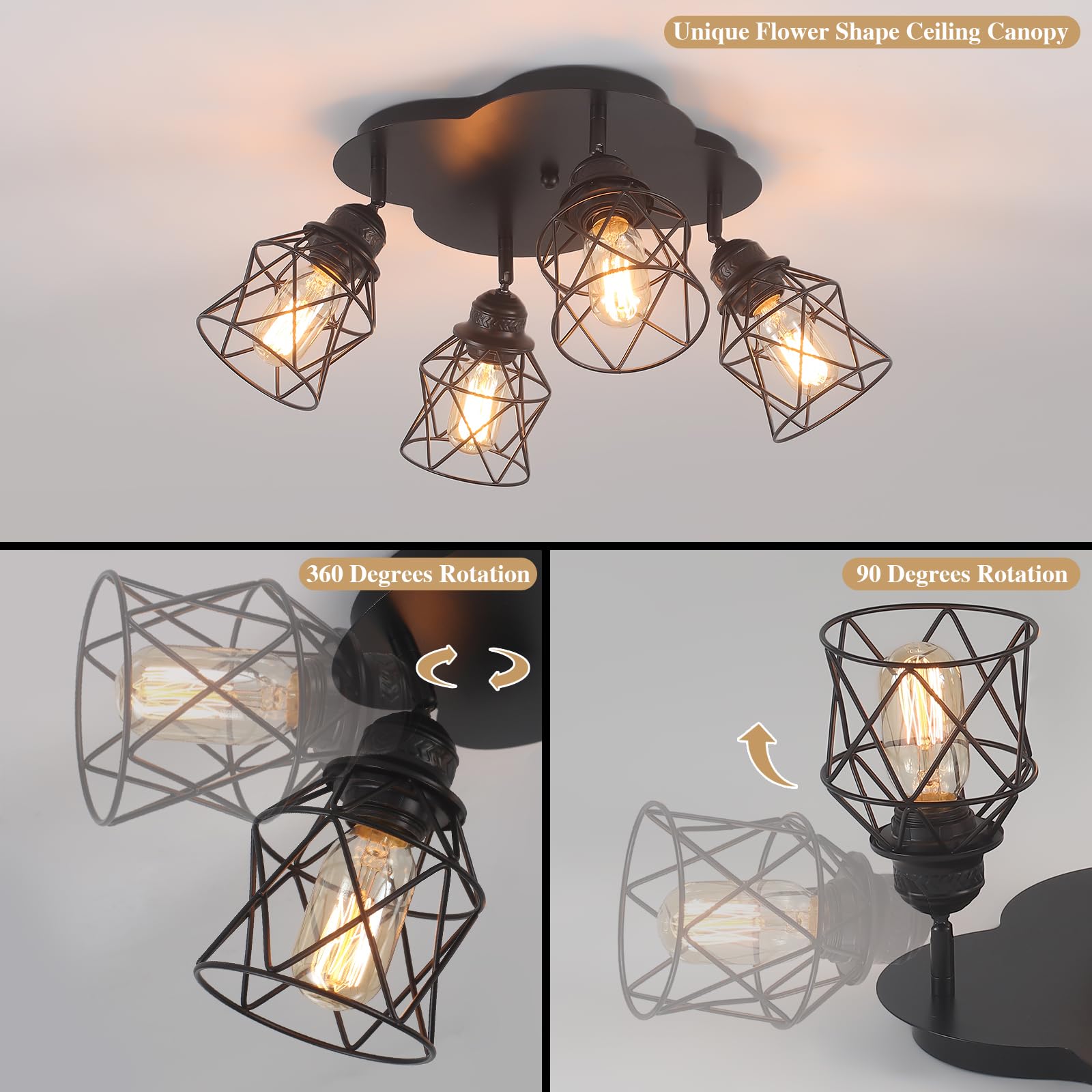 4-Lights Kitchen Light Fixtures Ceiling Mount, Adjustable Multi-Directional Black Flush Mount Ceiling Light Fixture, Vintage Met