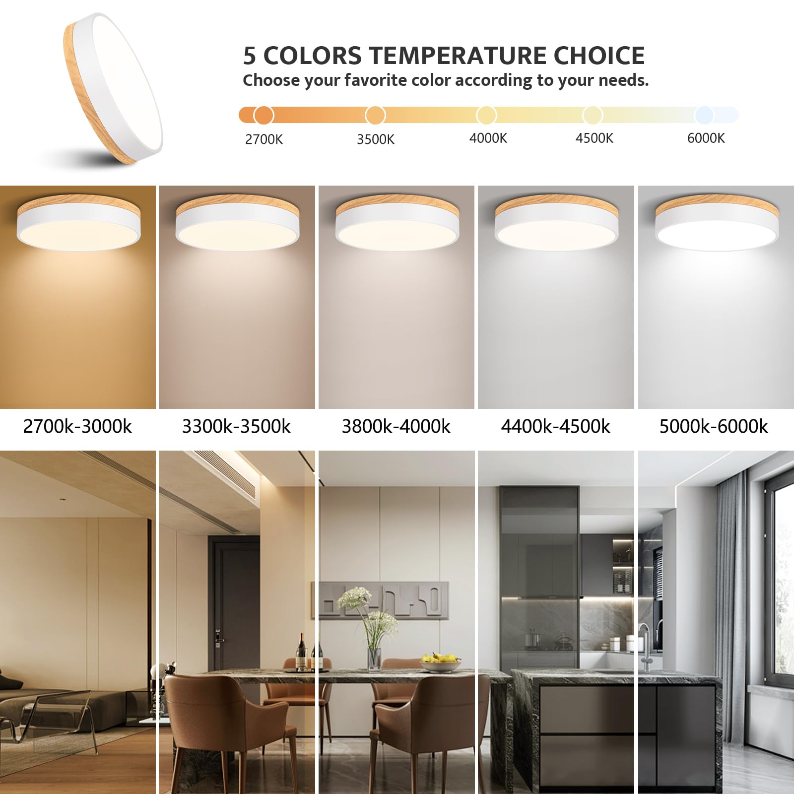 Goomavi Modern Dimmable LED Ceiling Light, 11.8in Round White Wood, 2700K-6000K, Minimalist Flush Mount Lamp for Bedroom, Kitchen, Hallway