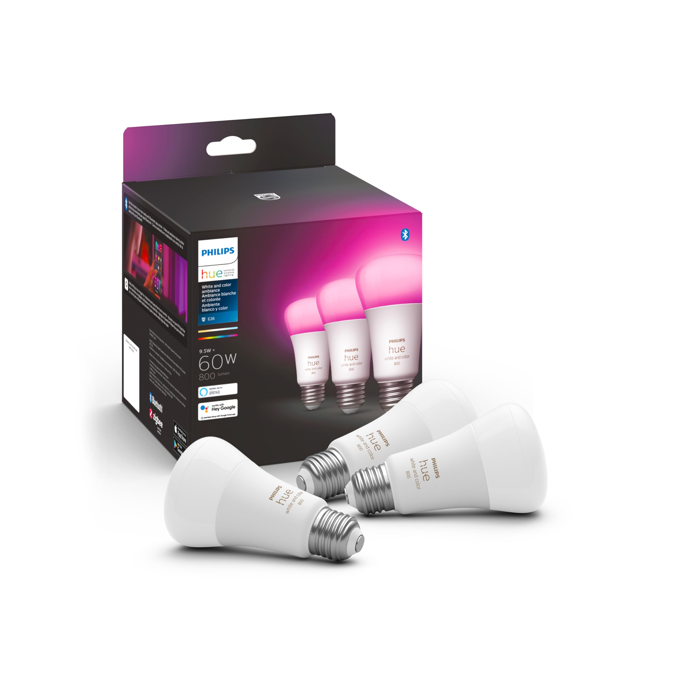 Philips Hue Smart Lighting Bundle: 3-Pack A19 Led Smart Light Bulbs (White And Color Ambiance) With Philips Hue Bridge - Control