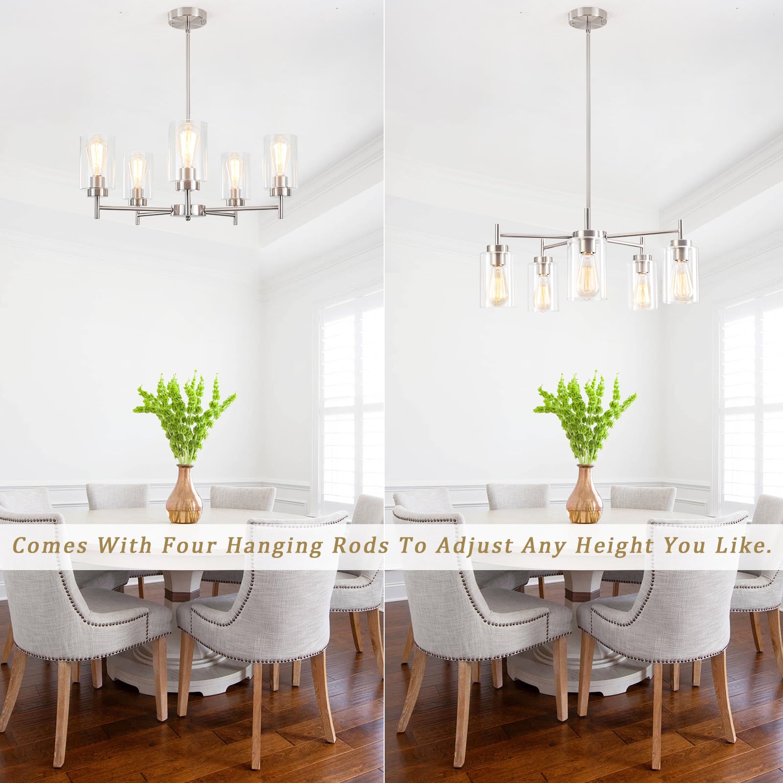 Brushed Nickel Chandelier Dining Room Light Fixture Over Table 5 Lights 24" Farmhouse Chandelier With Glass Shade Hanging Pendant Light Modern Chandeliers For Living Room Entryway Kitchen Foyer