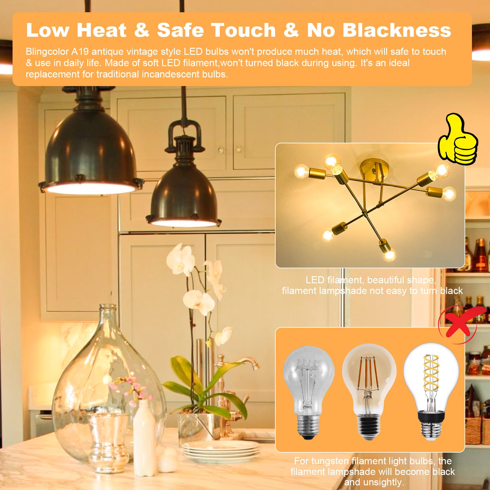 A19 Vintage Led Edison Light Bulbs 40 Watt, Dimmable E26 Led Bulbs 40W, 2200K Amber Warm Light Bulbs, 4W Led A19 Edison Bulb 40
