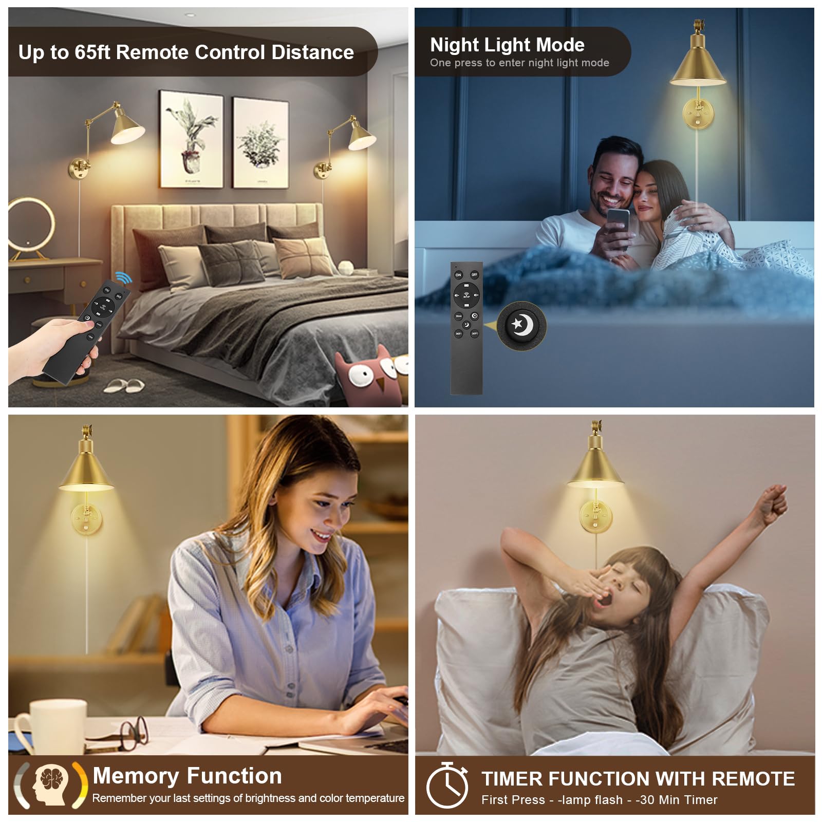 TRLIFE Wall Sconce - Dimmable Brass Swing Arm Lights with Remote, 2 Pack, Adjustable Color Temp 2700K-6000K, UL Listed