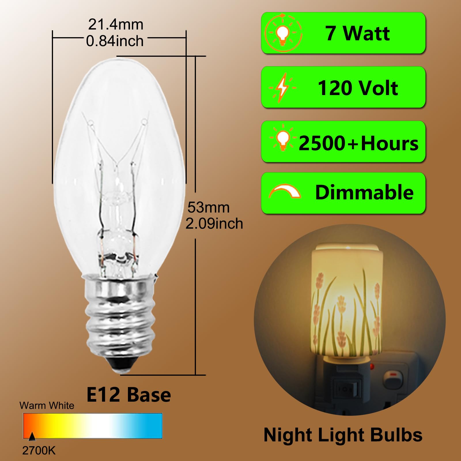 Night Light Bulb 7 Watt E12 Base Small Light Bulbs,C7 Replacement Bulbs For Night Light,Salt Lamp,Table Lamp,Chandeliers,Christmas String Lights,Dimmable,Warm White-15 Packs
