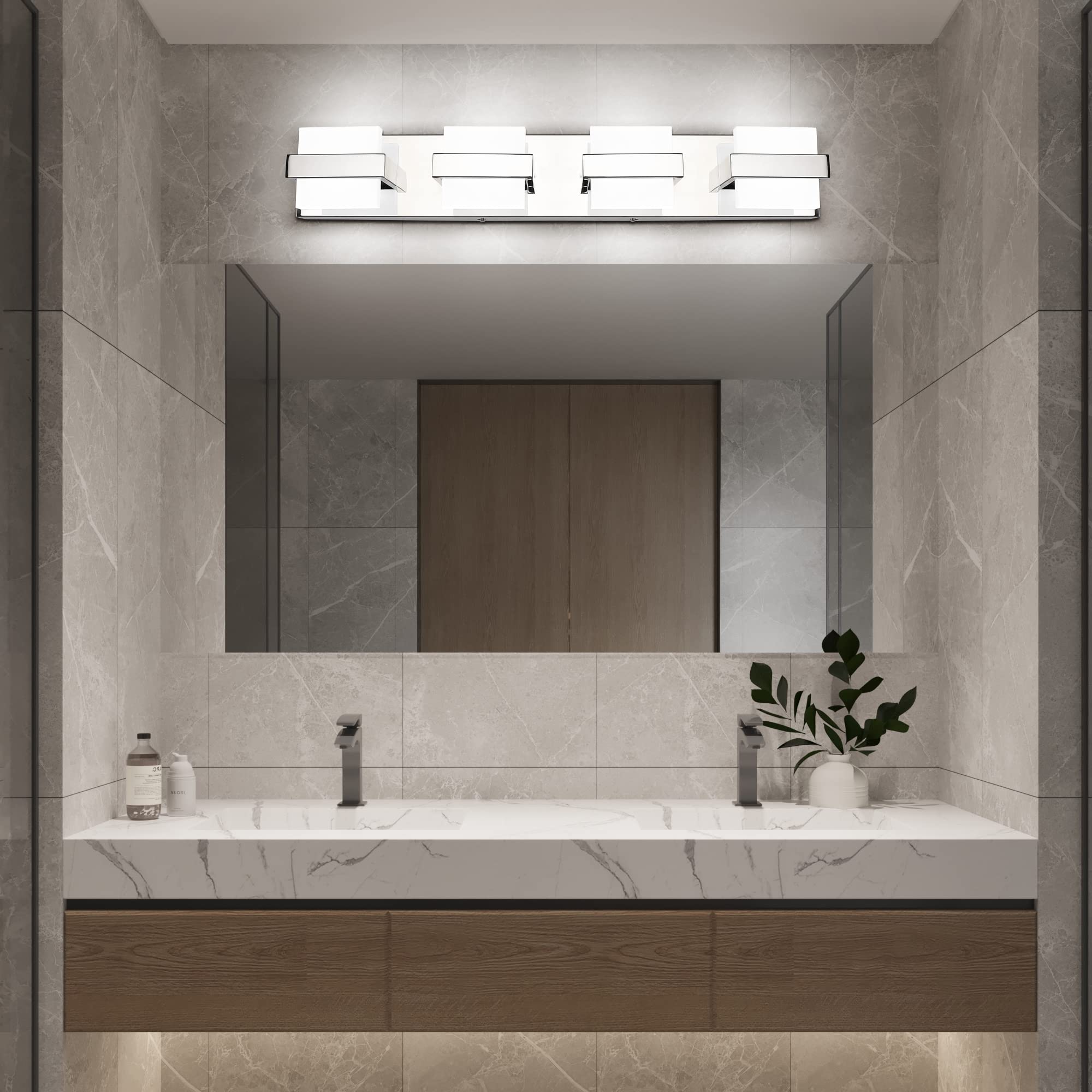 SOLFART 4-Light Chrome LED Bathroom Vanity Light, 27" Dimmable Acrylic Fixture, Modern White Light, Model 7248-4T-WHL
