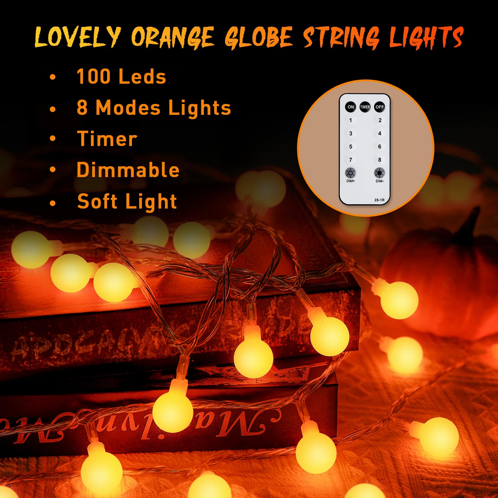 JMEXSUSS Orange Halloween String Lights Indoor, Connectable 100 LED Globe String Lights Plug in with Remote, 33ft 8 Modes Orange