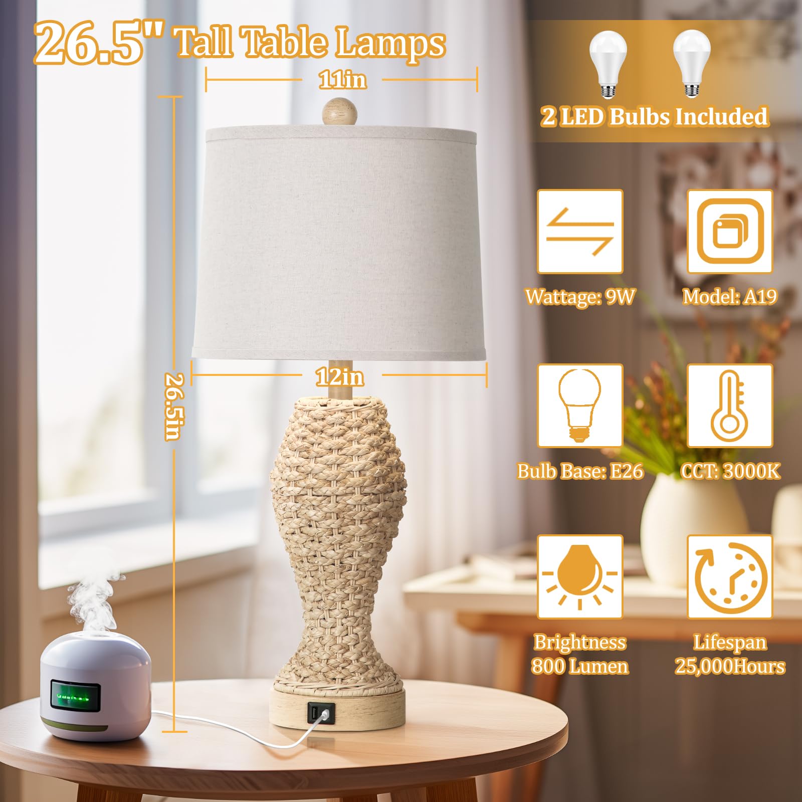 Tobusa Set Of 2 Rattan Table Lamps, 26.5&quot; Cream Bedside Lamps With Usb, Farmhouse & Coastal