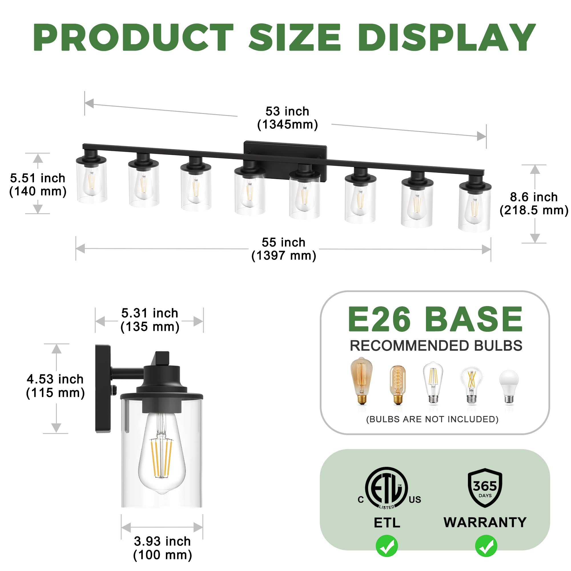 Doresshop 55 Inch Bathroom Light Fixtures  8-Light Black Bathroom Lighting Fixtures Over Mirror With Glass Shade  Modern Vanity Lights For Hallway Bedroom