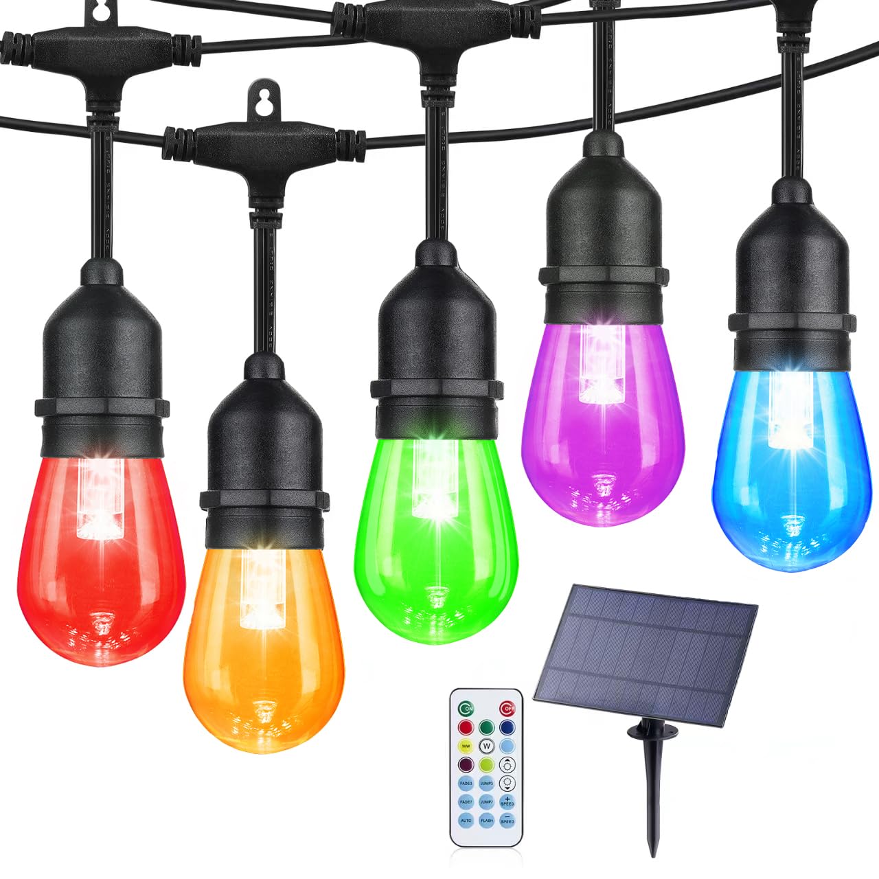 Ipstank Solar Outdoor String Lights 48Ft, Dimmable Rgb Patio Lights With 8 Lighting Modes, Shatterproof Bulbs, Waterproof Commer