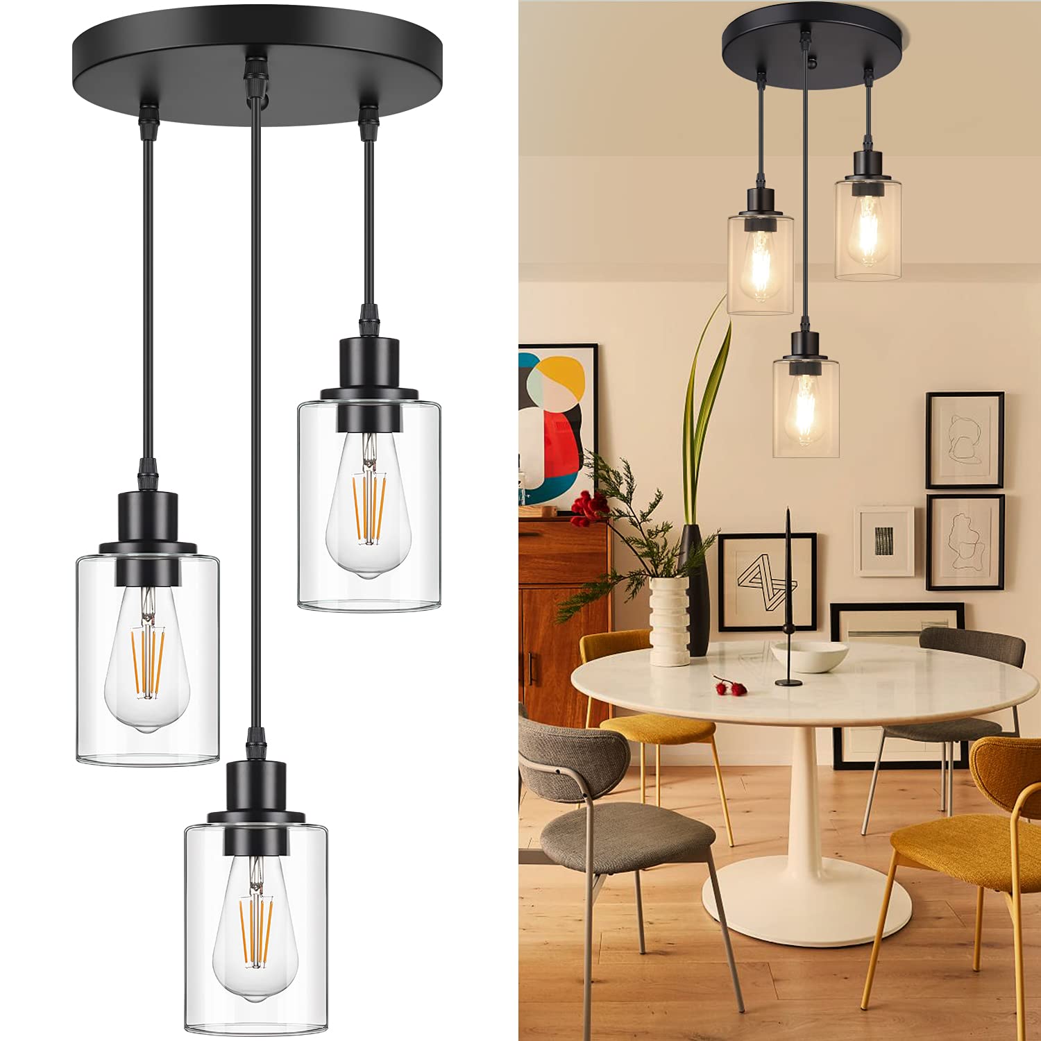 MAXvolador 3-Light Pendant Light Fixture, Adjustable Hanging Lamp, Clear Glass Shade, E26 Base, Black, Model OMTZT-013
