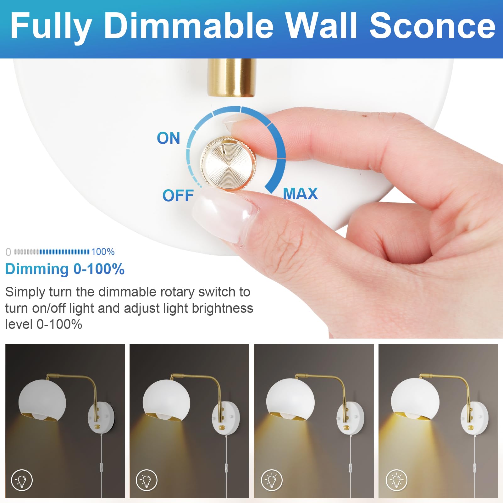 VATONI Wall Sconces Plug-in, Dimmable Swing Arm Lights, 2 Pack, White Globe, Metal, Model LSlamp-Whtsh-2P, Bulbs Included