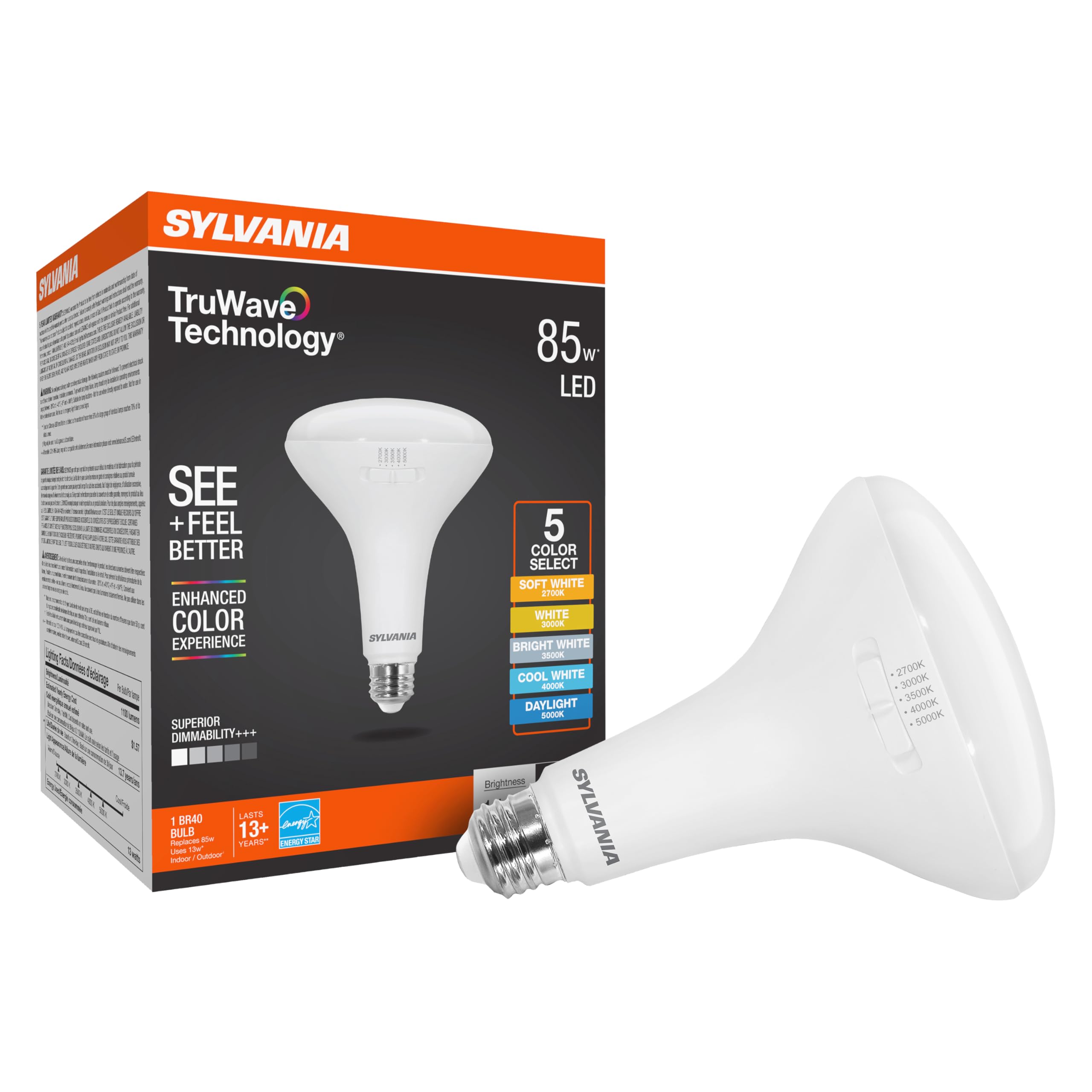 Ledvance Sylvania Truwave Br40 Led Light Bulb, 13W = 85W, 5 Cct Select 2700/3000 / 3500/4000 / 5000K, Dimmable, 1100 Lms, Froste