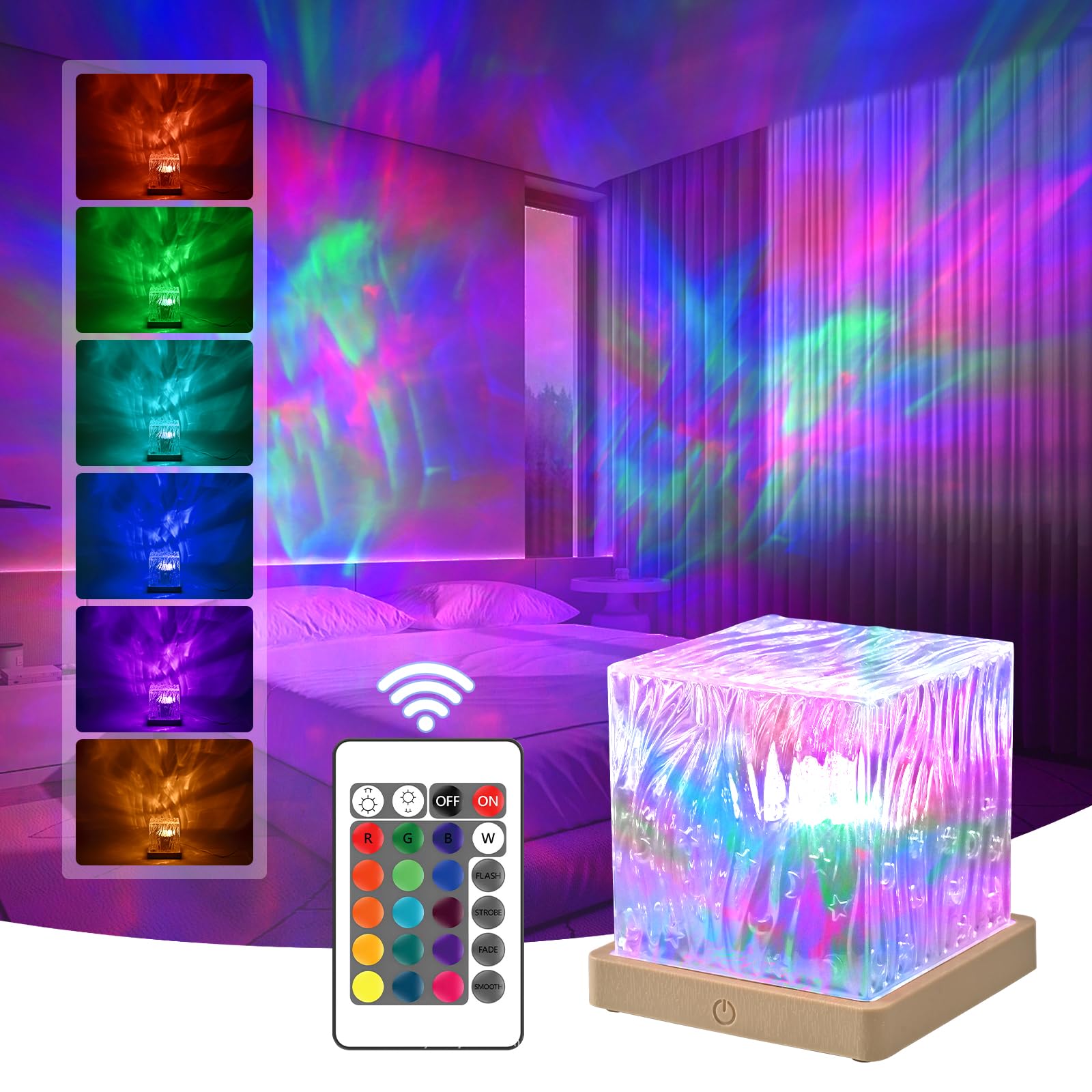 PWWJ Northern Lights Projector: 16 Color Gradual Changing Luminor Cube Lamp, This Crystal lamp Serves as Both Ocean Wave Project