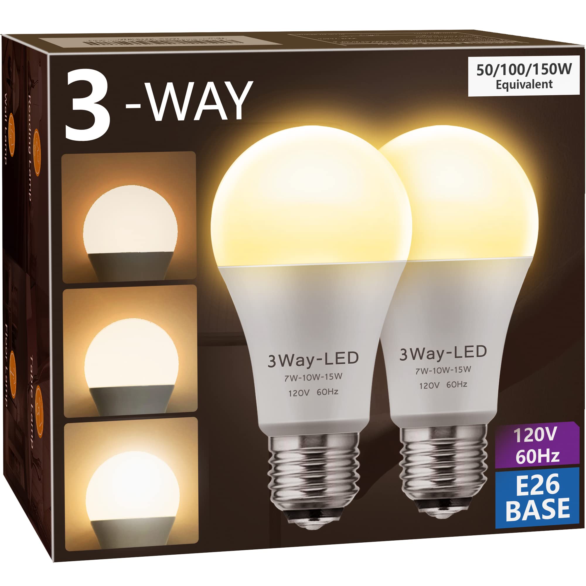 Briignite 3 Way LED Light Bulbs, 50/100/150W Equivalent, 2 Pack, Warm White 3000K, E26 Base, 500-1500lm