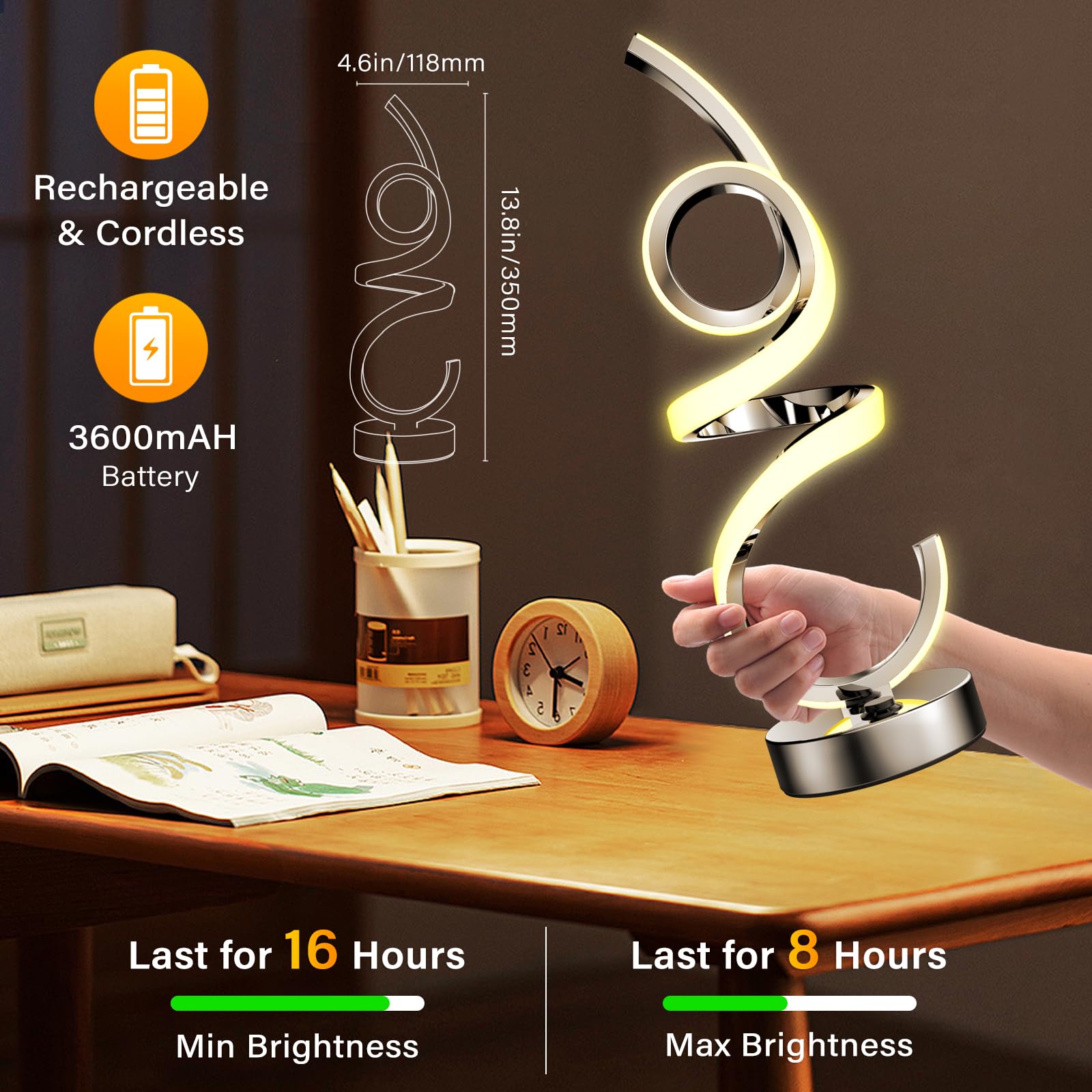 Wefomey Modern Spiral LED Table Lamp - Color Changing, Dimmable, Rechargeable Nightstand Light - Silver, Model WF-CLTL-02