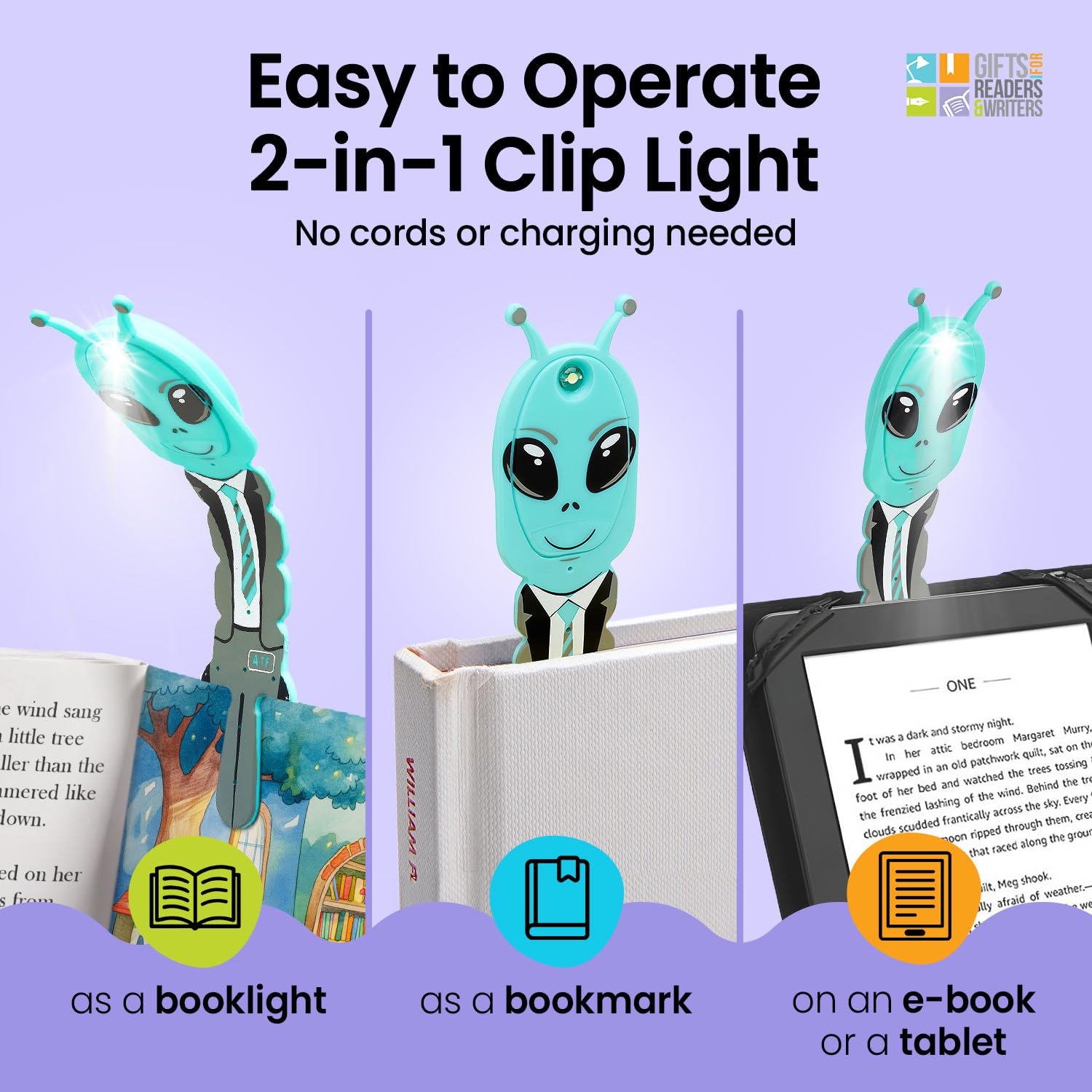 Gifts for Readers & Writers Clip-On LED Reading Light | Battery Operated | Alien Teal | Model FL | Book Accessories for All Ages